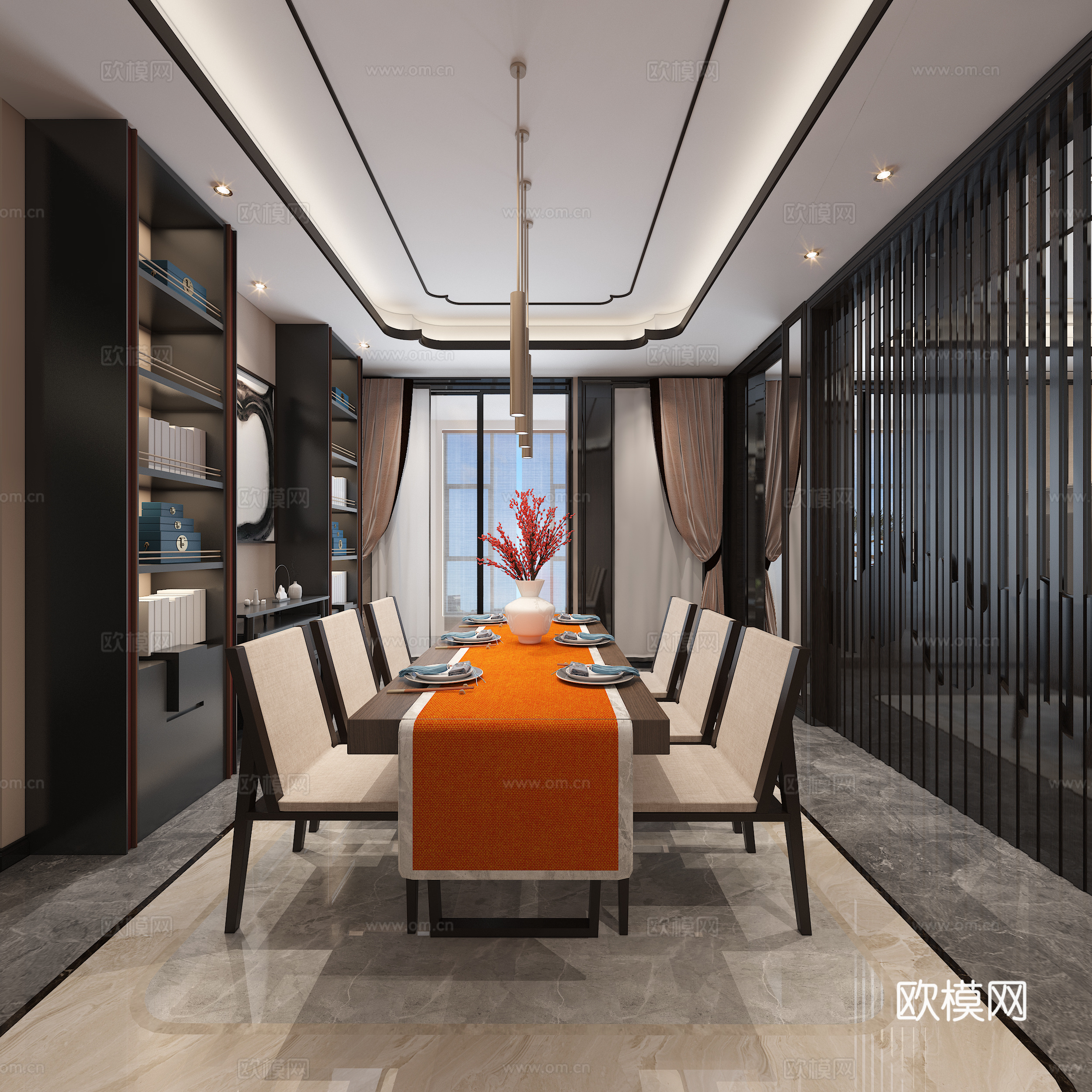 中式客餐厅 沙发茶几 吊灯 餐桌椅3d模型