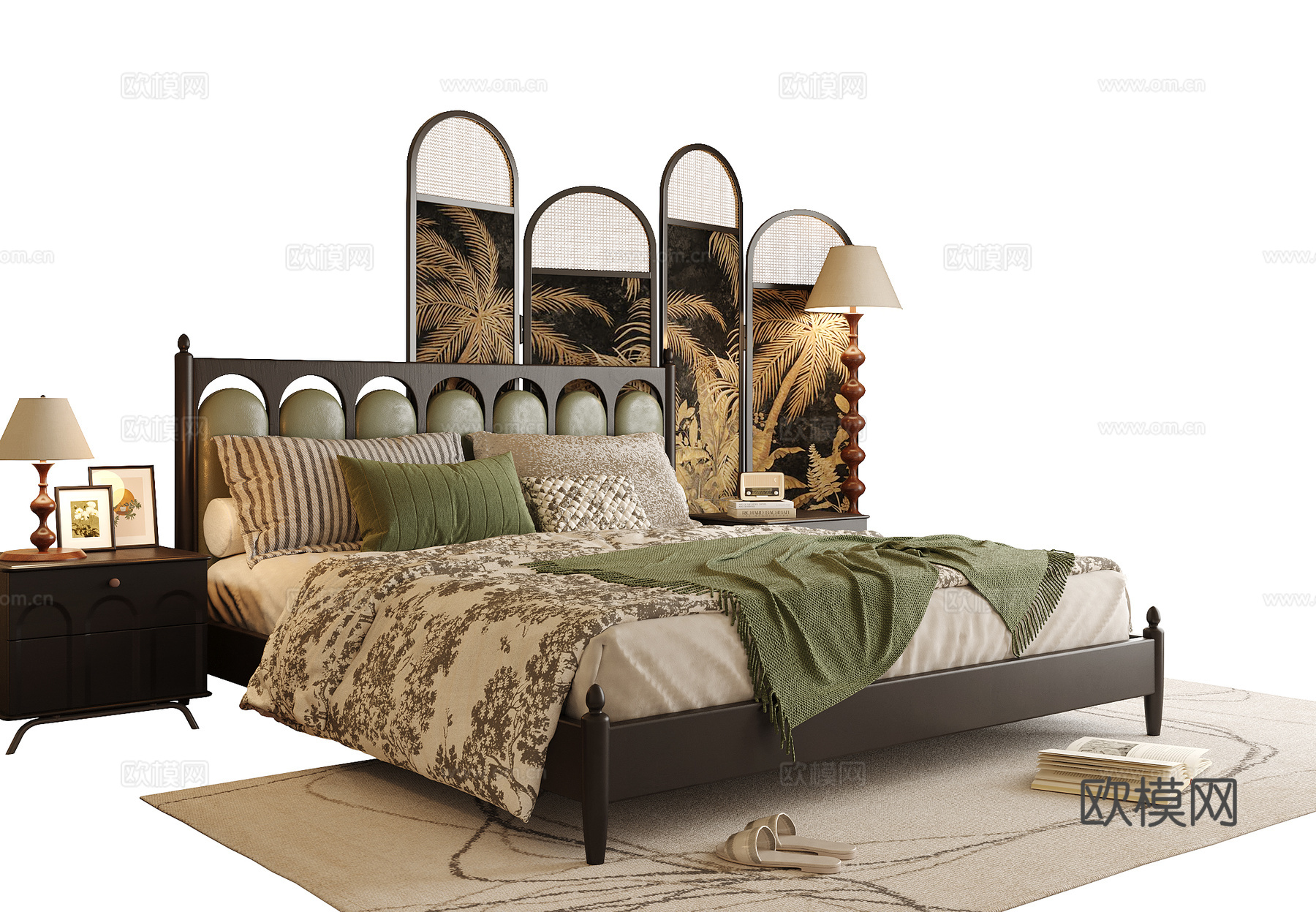 法式双人床 屏风隔断 落地灯 床头柜3d模型下载