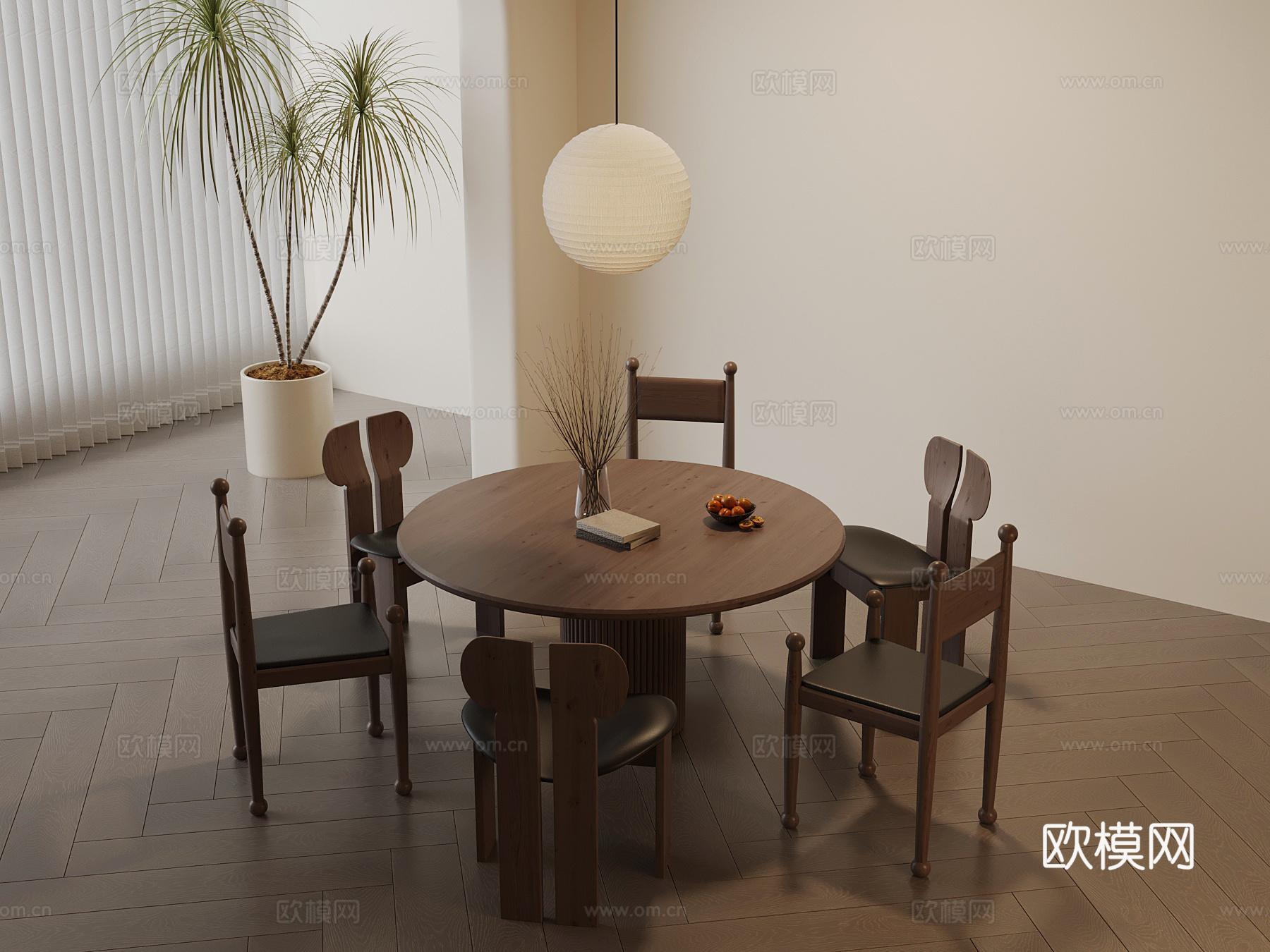 中古风餐桌椅 餐椅 吊灯3d模型