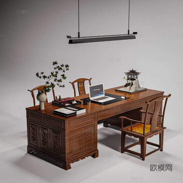 新中式办公桌椅 中式实木桌椅 中式摆件3d模型下载