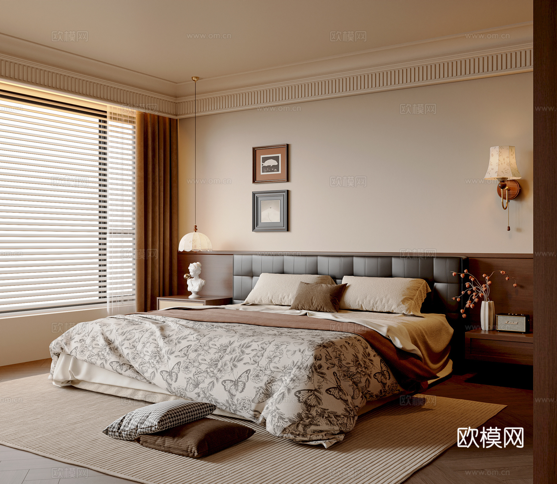 法式中古风卧室 法式双人床 法式吊灯 法式壁灯 挂画3d模型