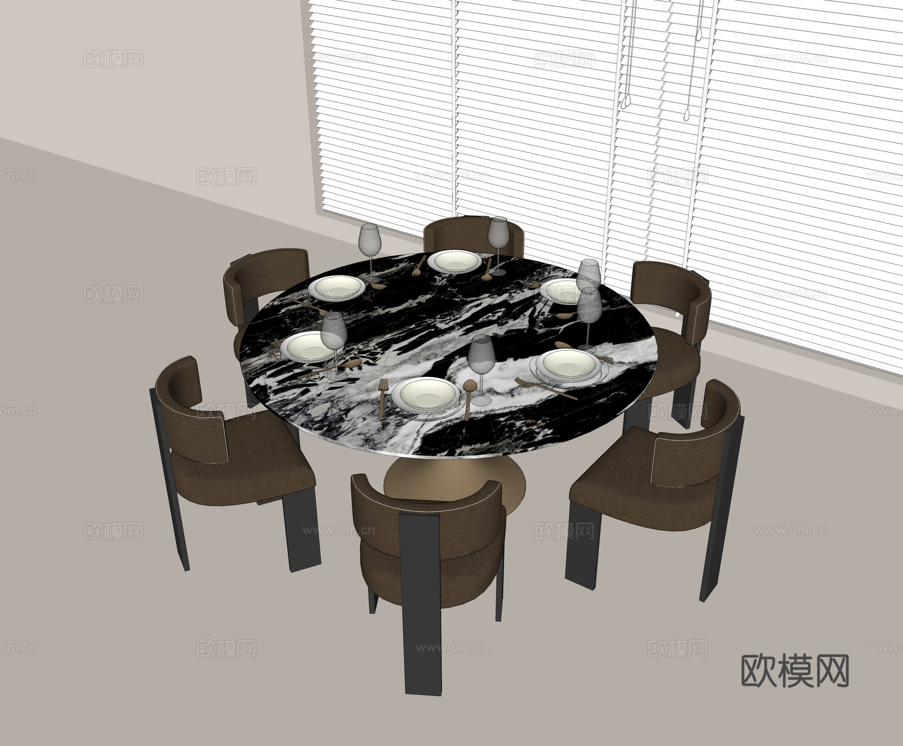 大理石餐桌 现代圆形餐桌 皮质餐椅 餐具组合 玻璃酒杯su模型