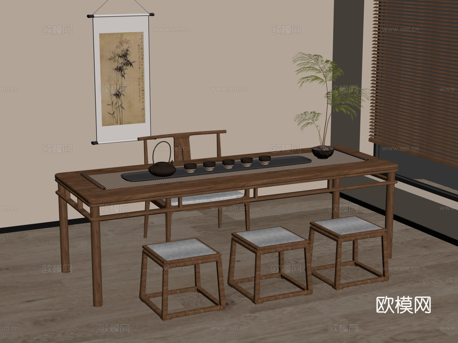 新中式桌椅su模型下载（渲染图2）