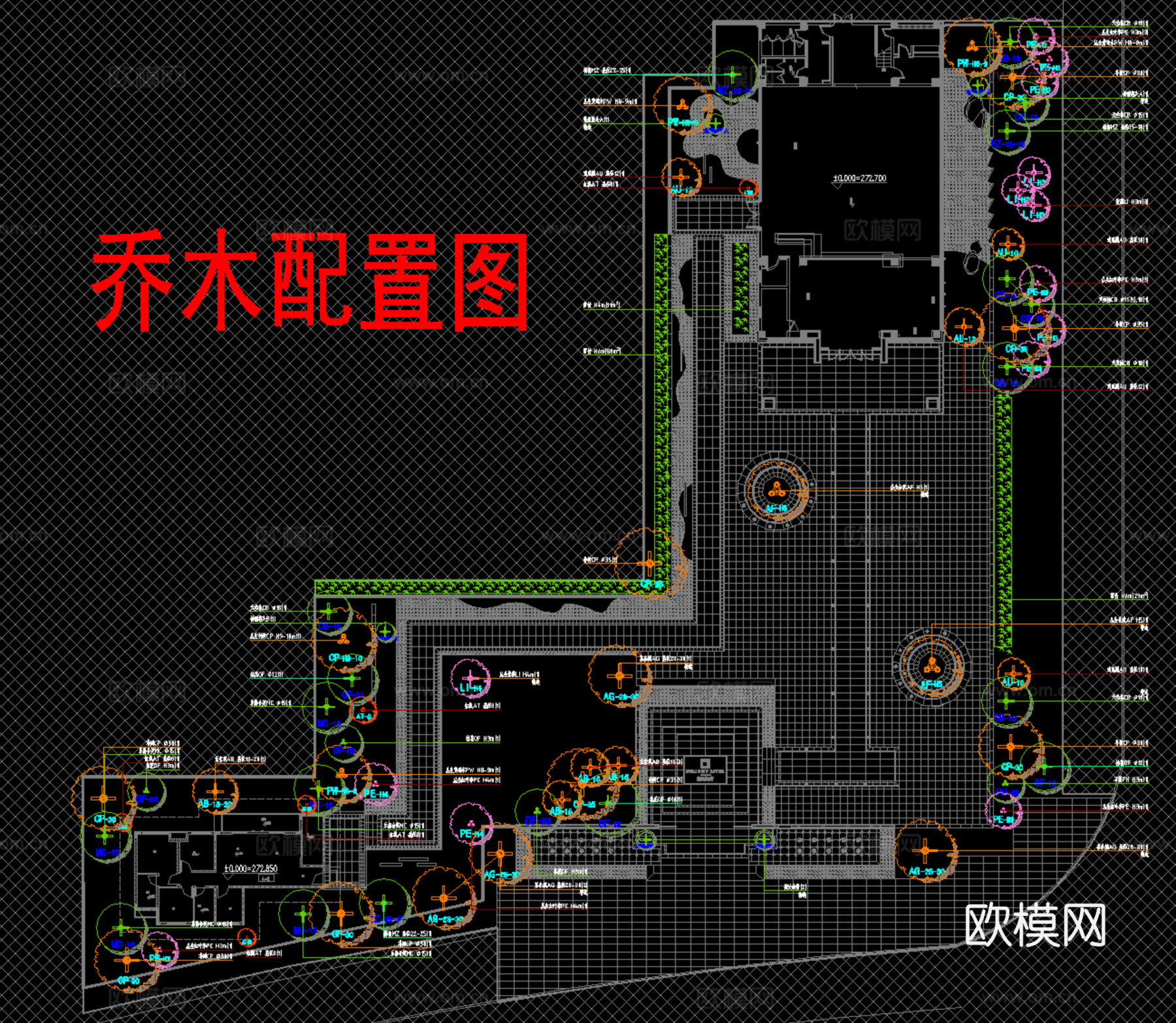 新中式示范区植物配置，景观方案平面图cad施工图
