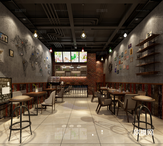 北欧主题餐厅大厅 吊灯 餐桌椅3d模型下载
