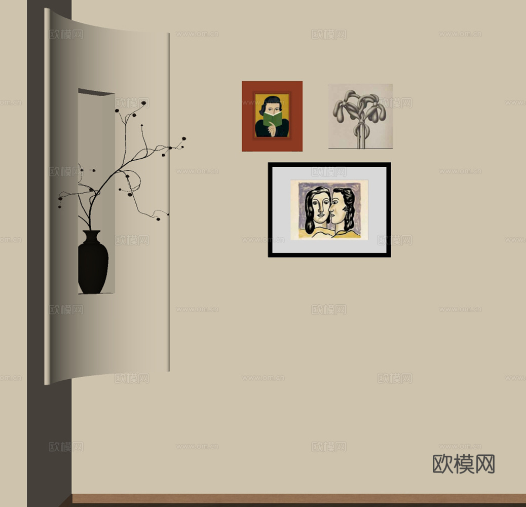 现代中古组合画 挂画 装饰画 弧形背景墙 盆栽摆件 植物摆件su模型