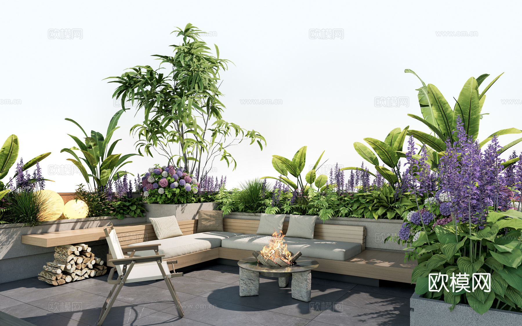 现代户外卡座 户外休息区 庭院花园 屋顶花园 植物花卉su模型