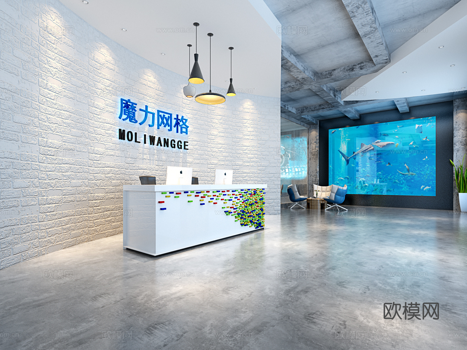 现代办公前台接待 吊灯 前台 休闲沙发椅3d模型