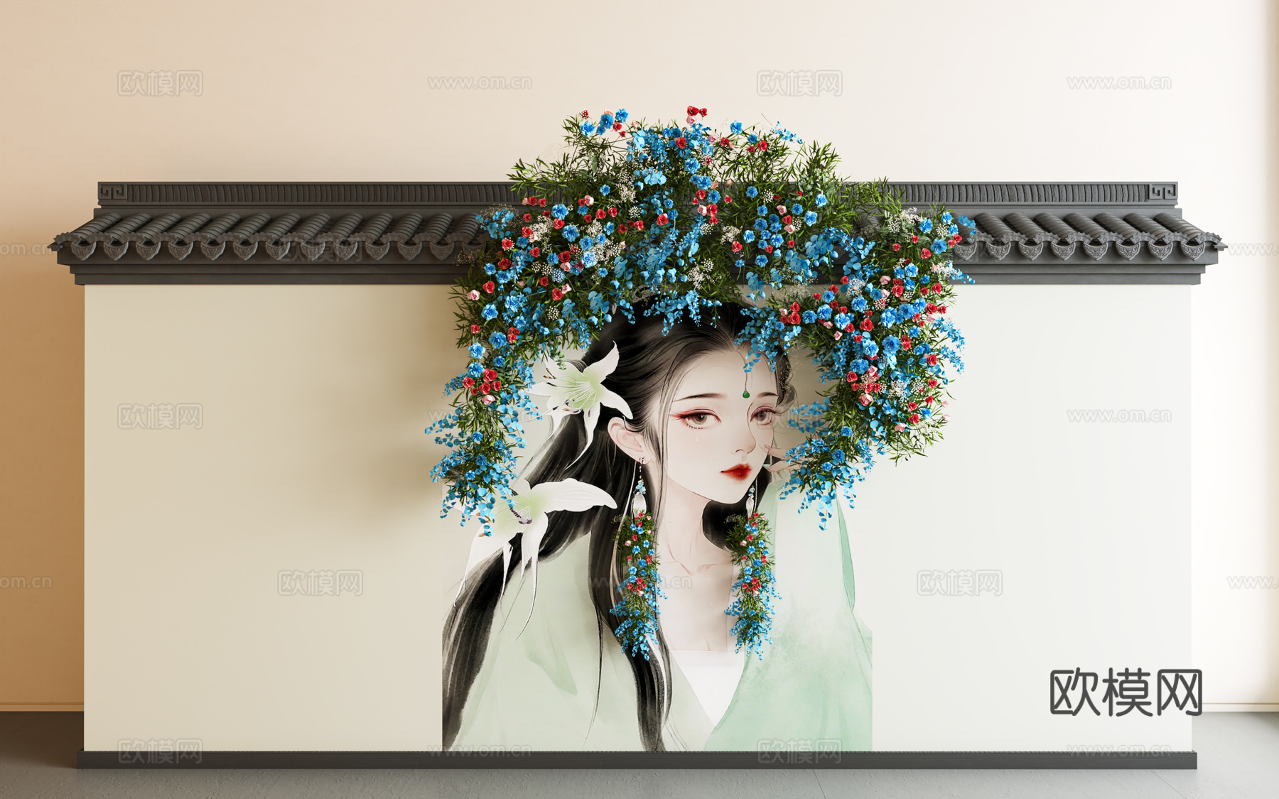 新中式围墙 鲜花墙绘 墙绘 鲜花美陈 藤蔓 花艺 植物墙 卡3d模型