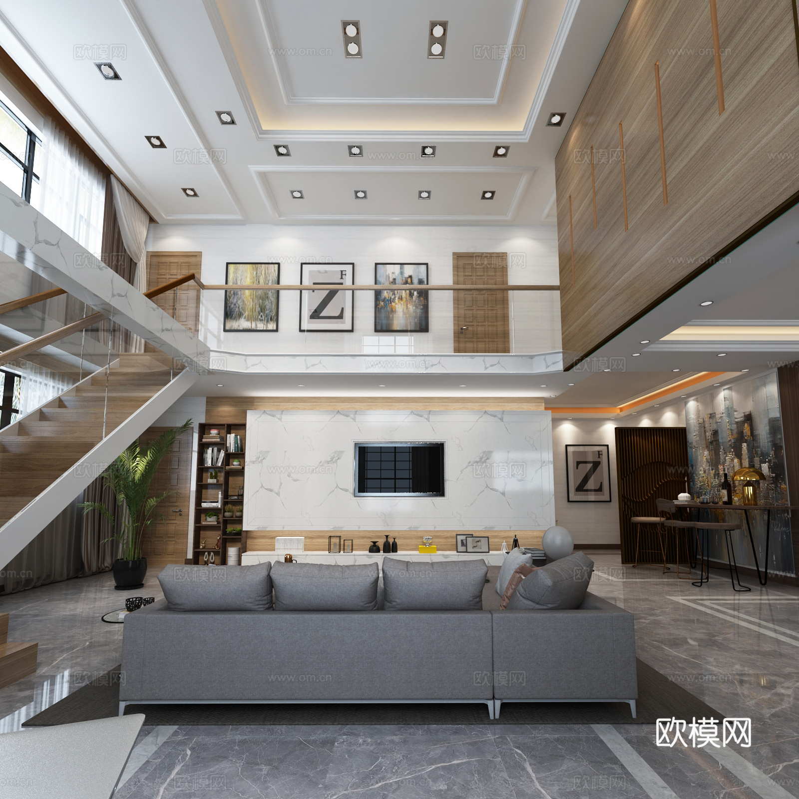 现代别墅客厅餐厅  沙发 茶几 吊灯 电视柜 边柜 餐桌椅3d模型