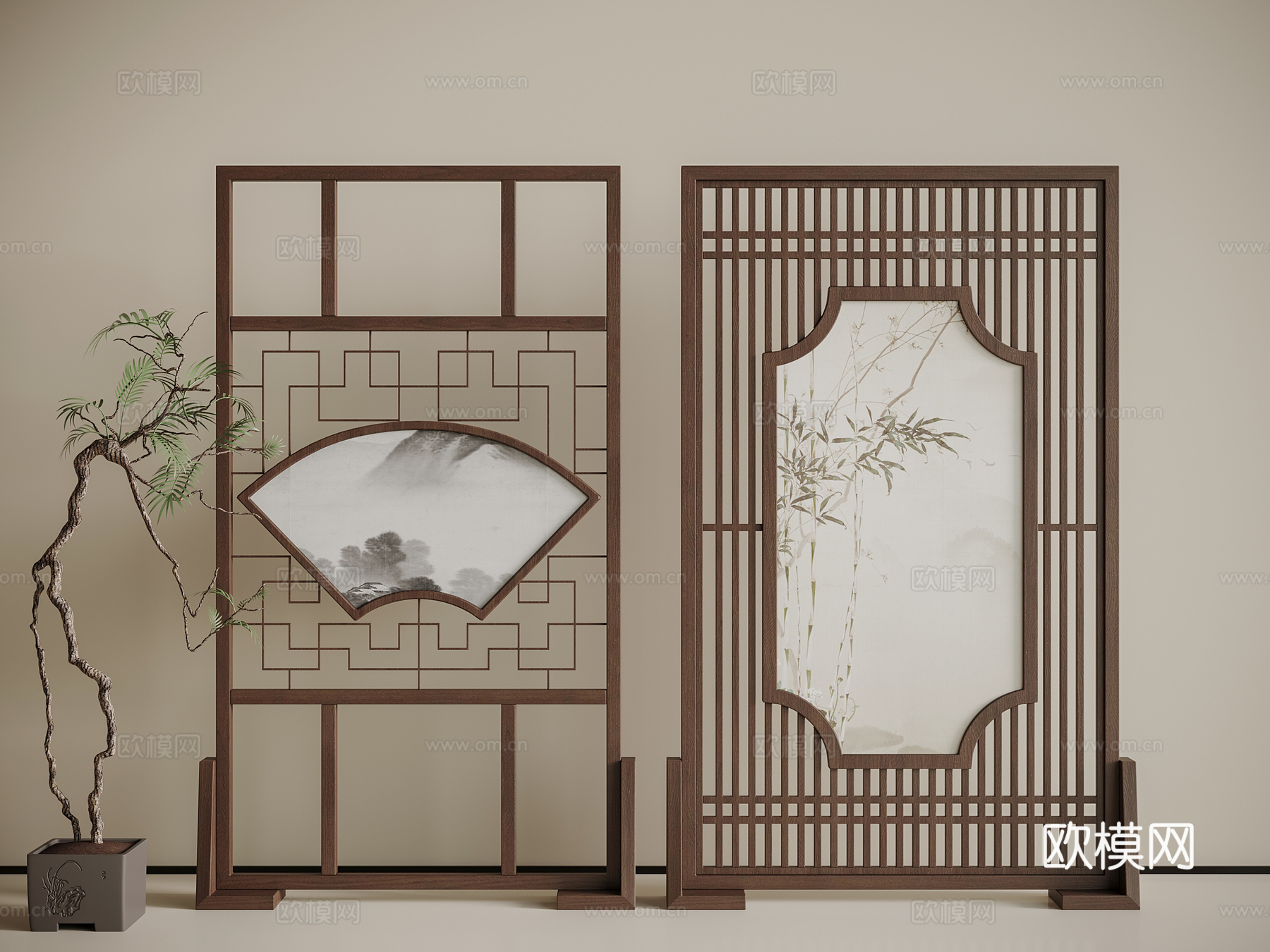 新中式屏风组合 绿植盆栽3d模型