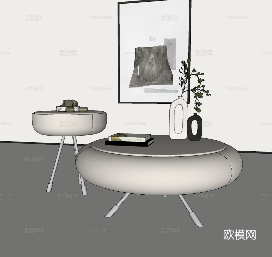 奶油风茶几组合  现代圆形茶几组合 简约茶几组合su模型