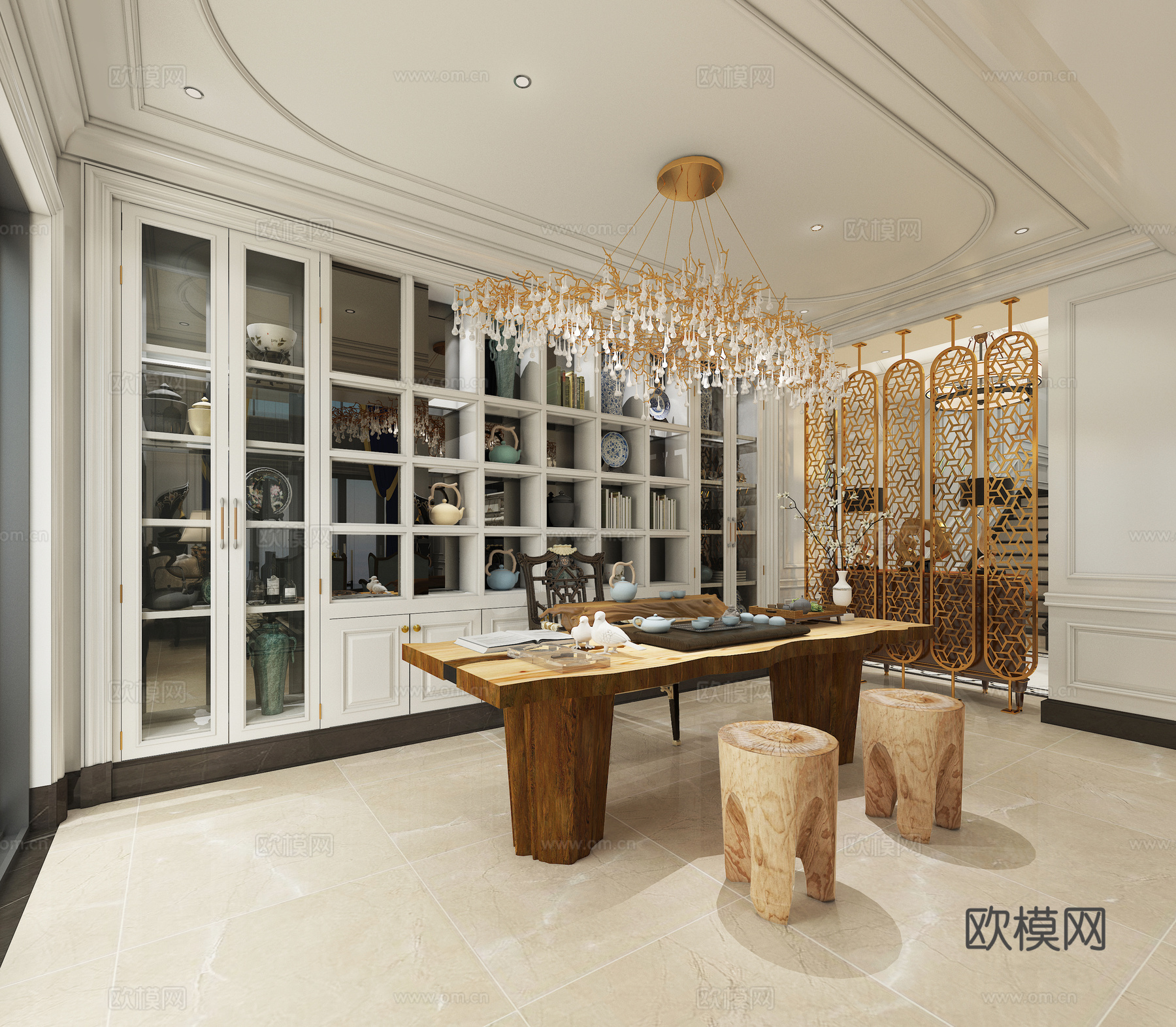 简约欧式客厅 吊灯 沙发组合 茶台 屏风 饰品 过道3d模型