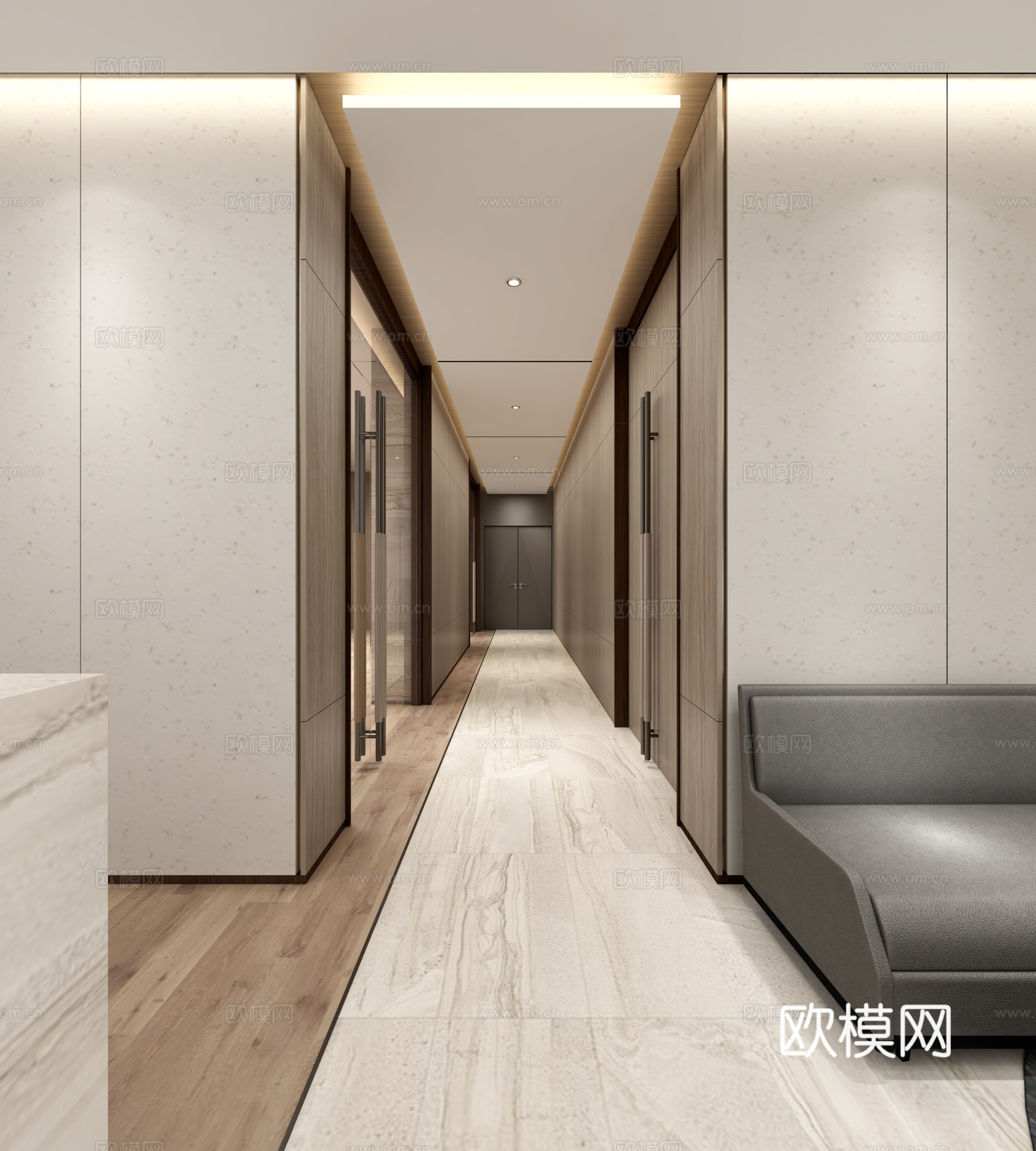 现代公司前台 过道 吊灯 沙发组合3d模型