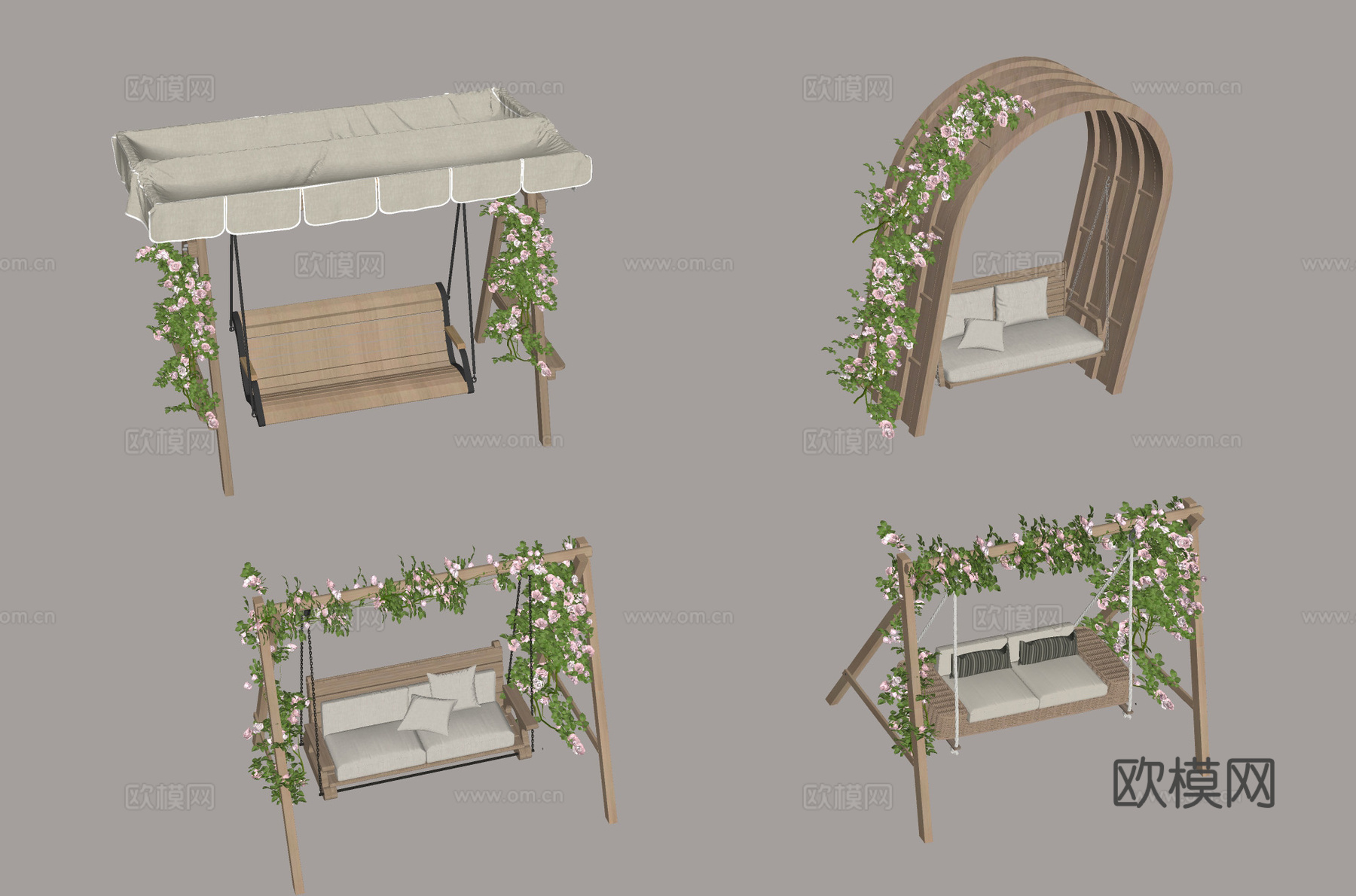户外休闲家具 花园秋千 木质秋千 花卉装饰 休闲座椅 家居园su模型