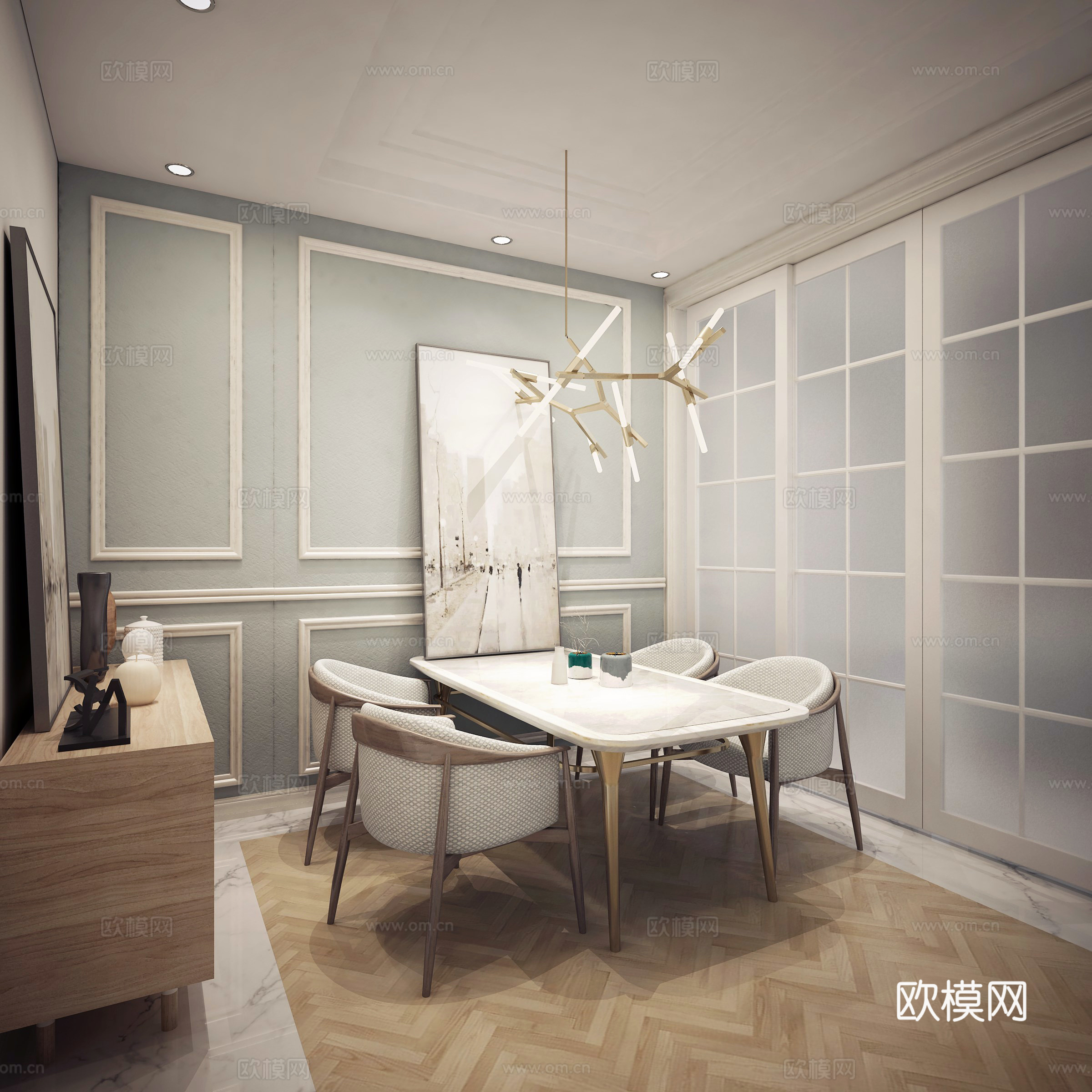 北欧客厅餐厅 楼梯间 沙发 茶几 吊灯 电视柜 边柜 餐桌椅3d模型