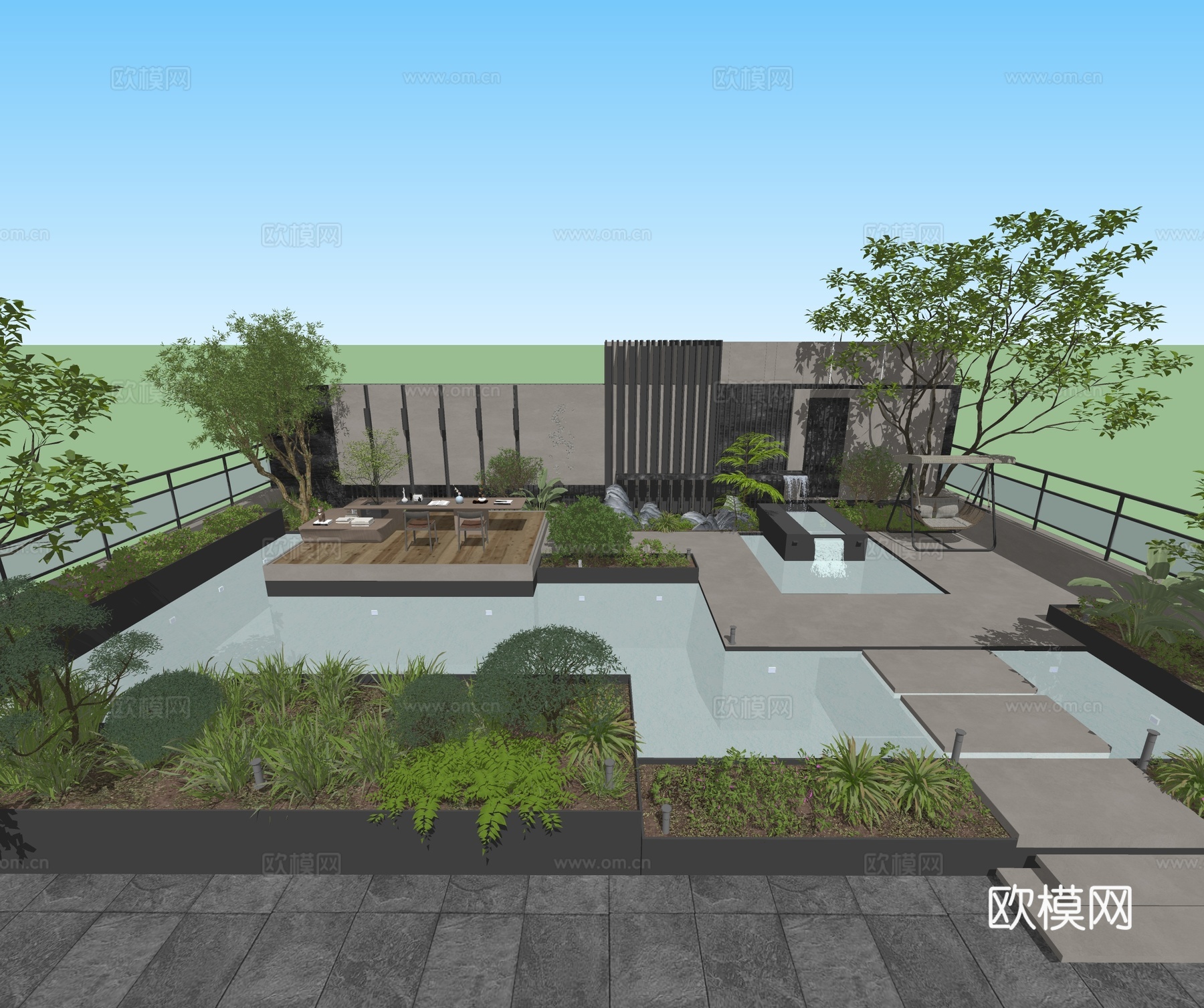 现代屋顶花园 空中花园 庭院花园su模型