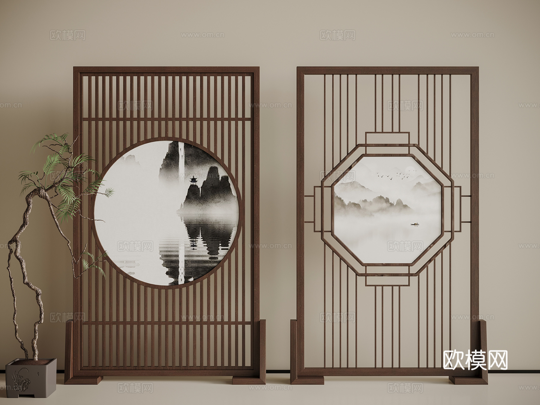 新中式屏风组合 绿植盆栽3d模型