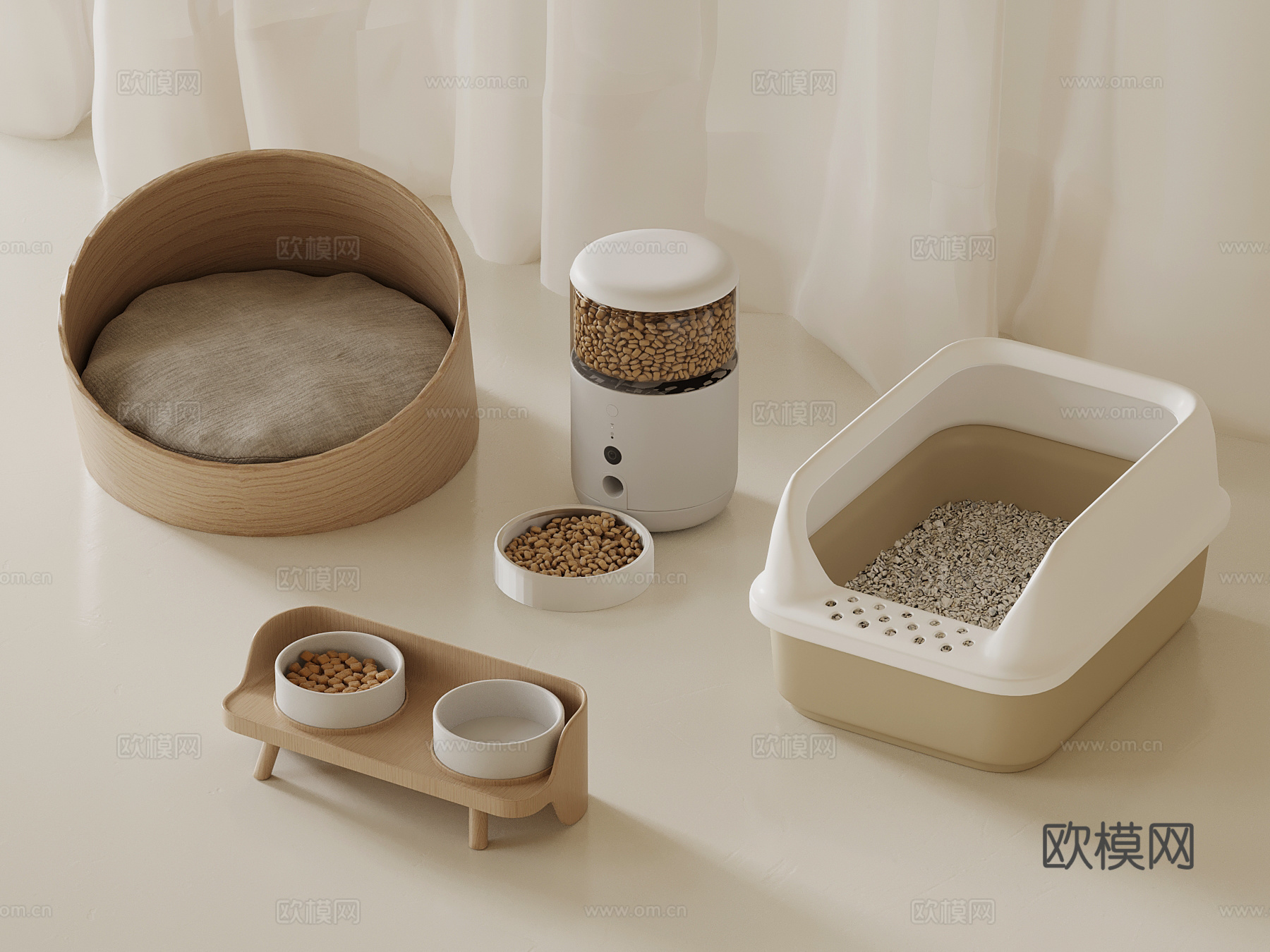 宠物用品 现代猫窝 猫砂盆 投喂器su模型