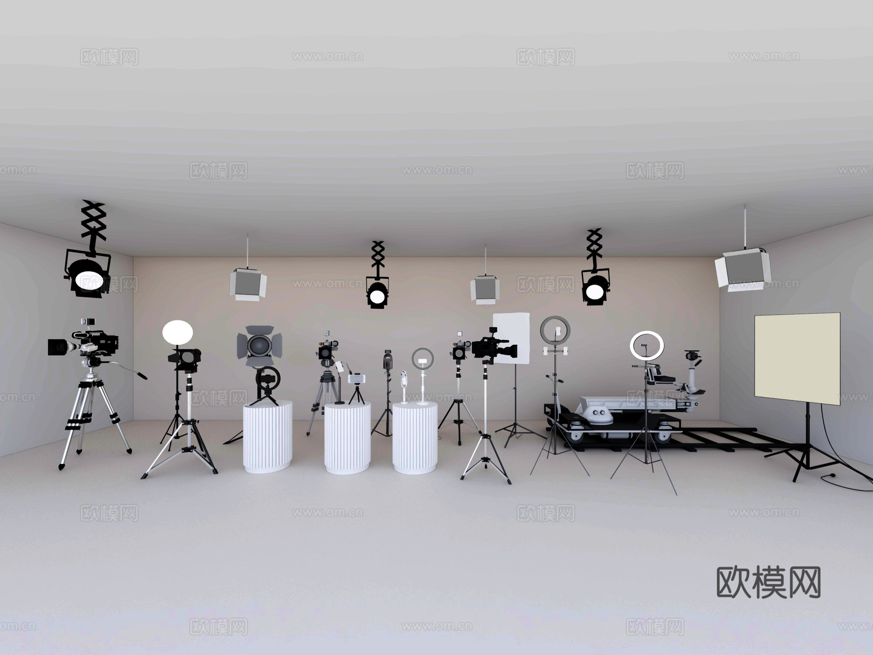 直播器材摄影棚 摄像机手机架 打光灯反光板 轨道摄影机  灯3d模型