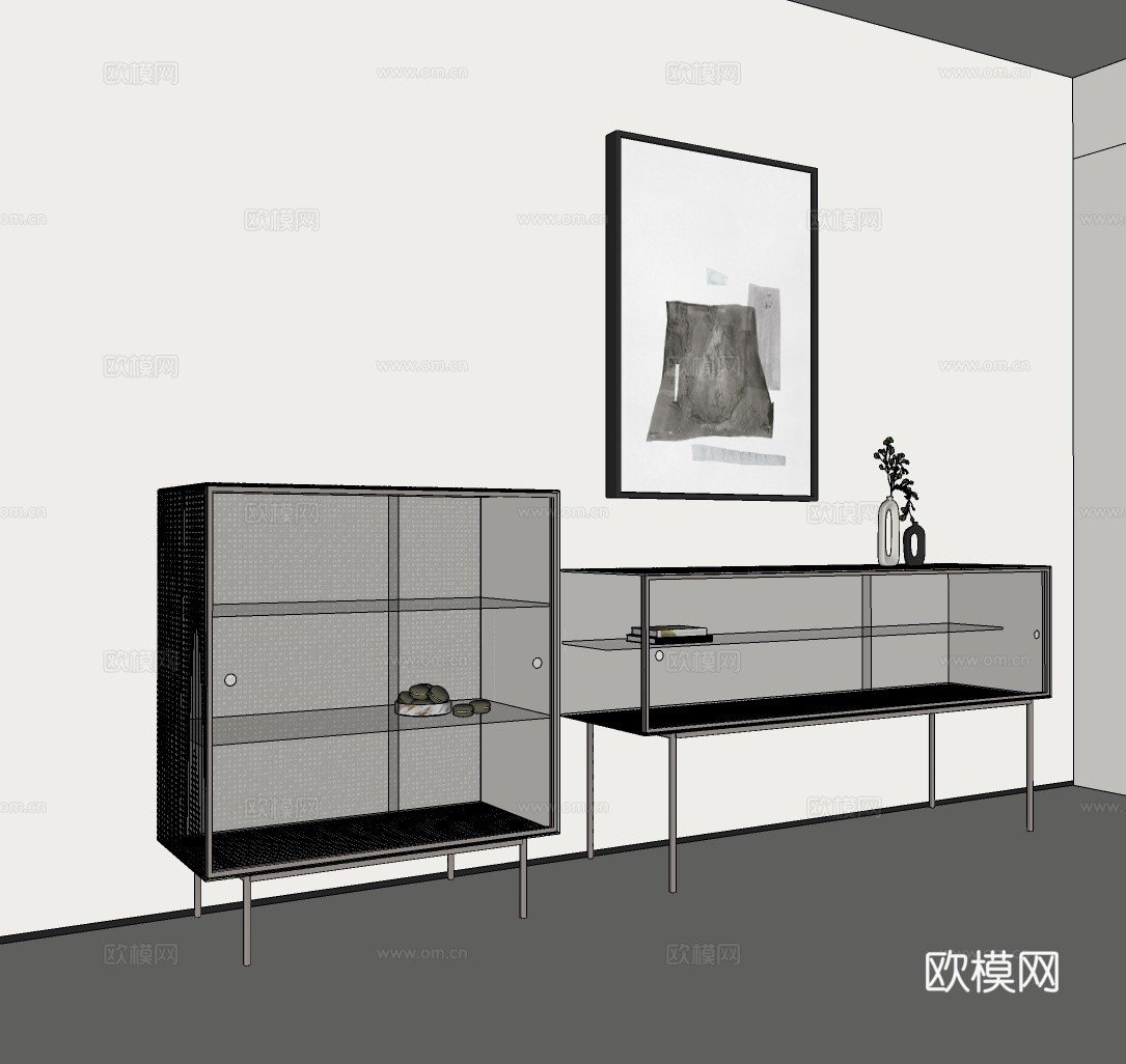 意式玻璃餐边柜  中古收纳柜 客厅透明储物柜 轻奢装饰玻璃边su模型