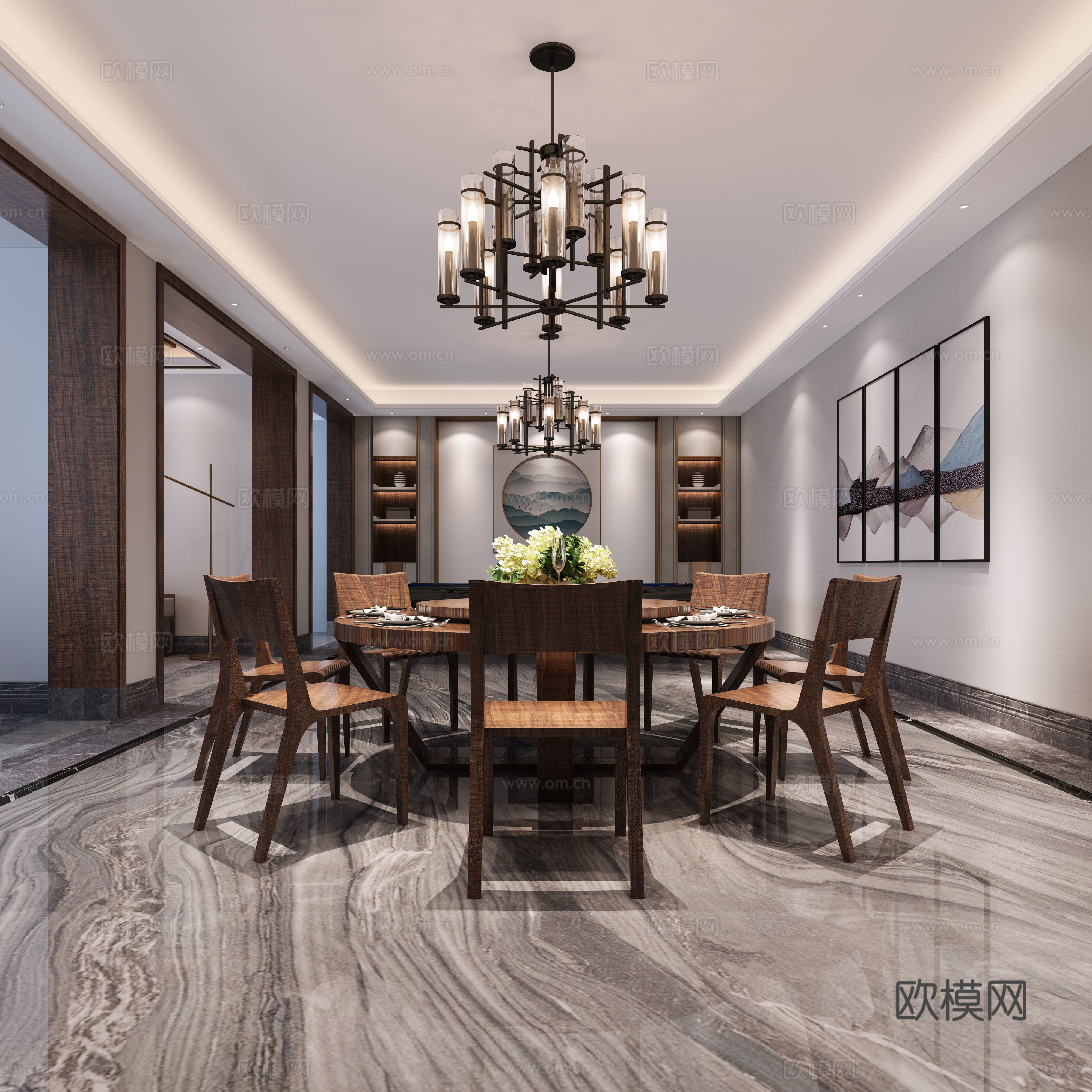 新中式茶室 吊灯 餐桌椅3d模型