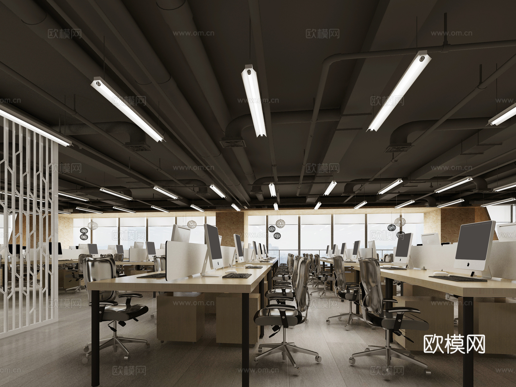 现代公司前台开放办公区洽谈3d模型
