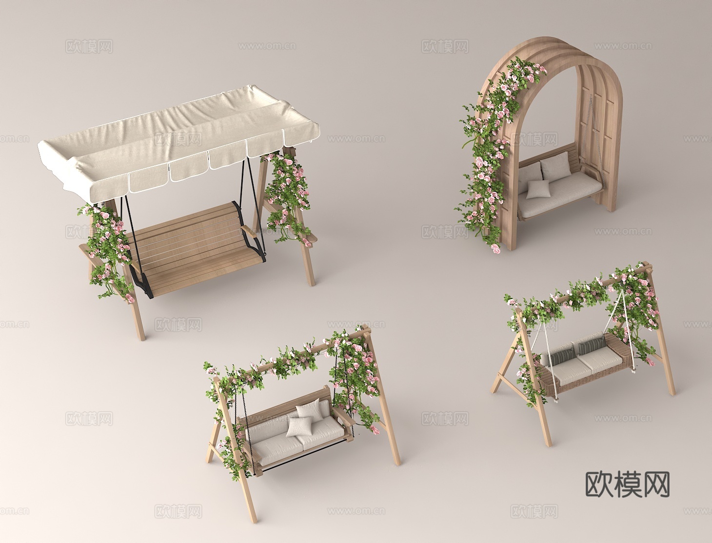 户外休闲家具 花园秋千 木质秋千 花卉装饰 休闲座椅3d模型