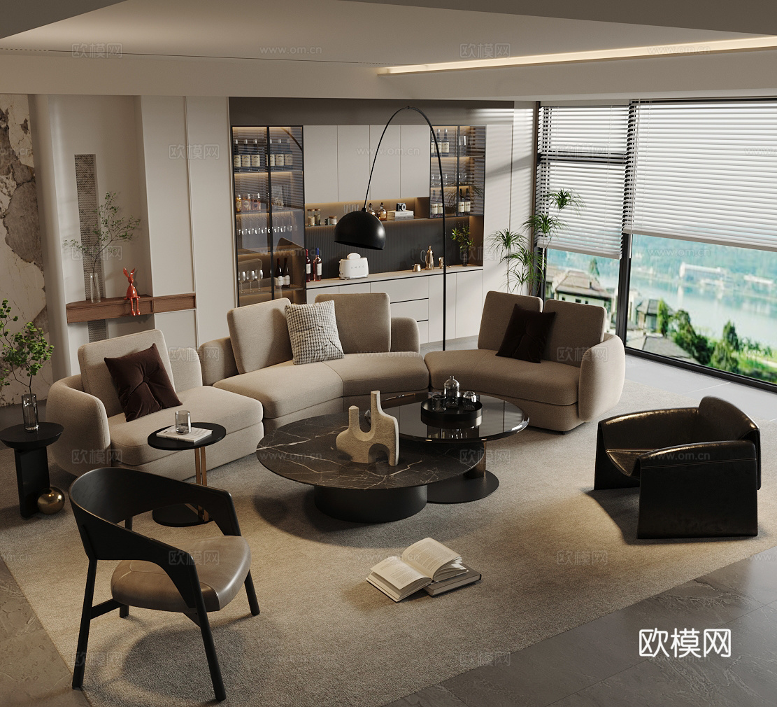 现代意式家居客厅 轻奢意式客厅 沙发茶几组合 高级灰客厅3d模型