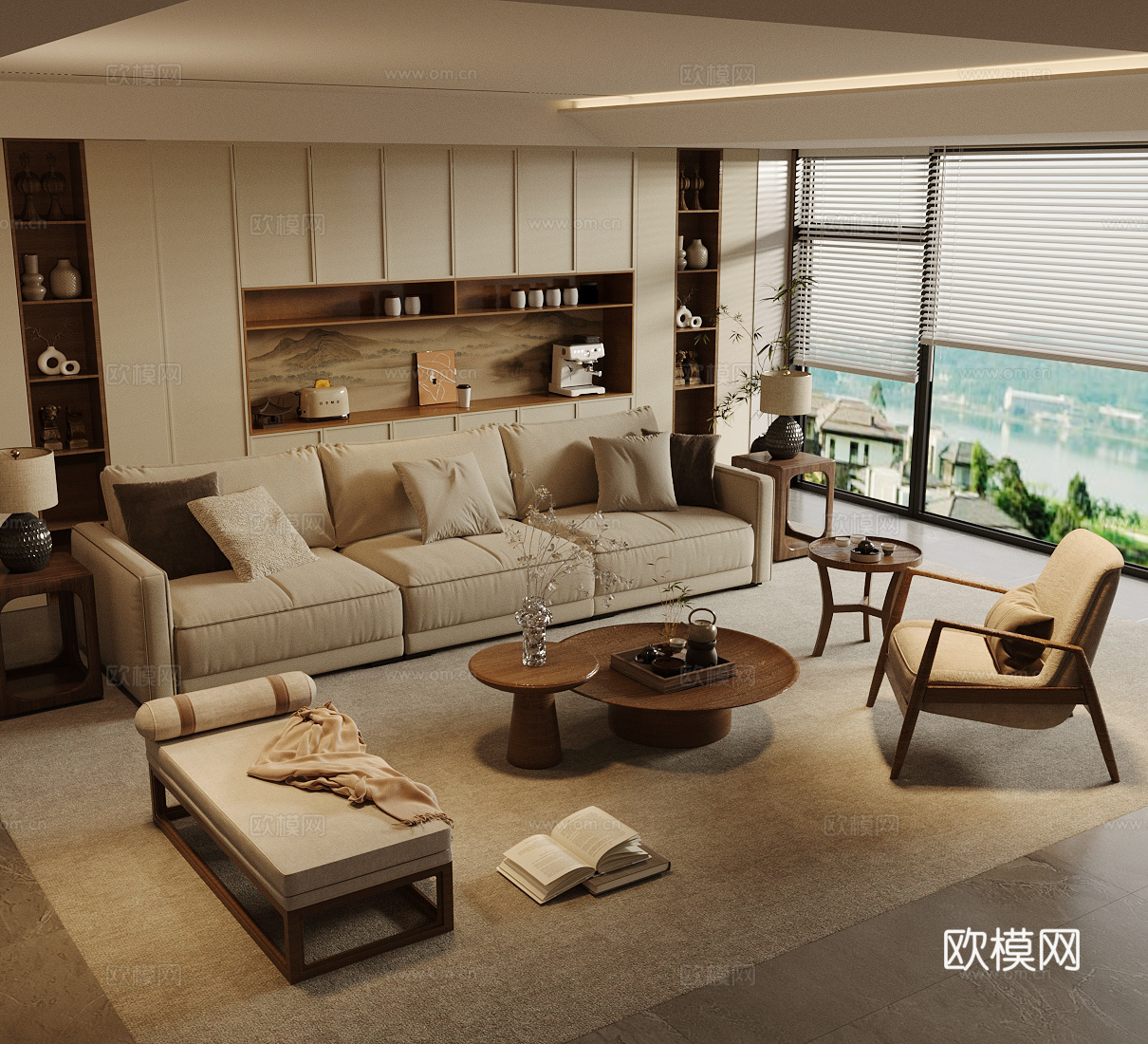 新中式禅意家居客厅 宋式客厅 中式沙发茶几组合 宋式美学客厅3d模型