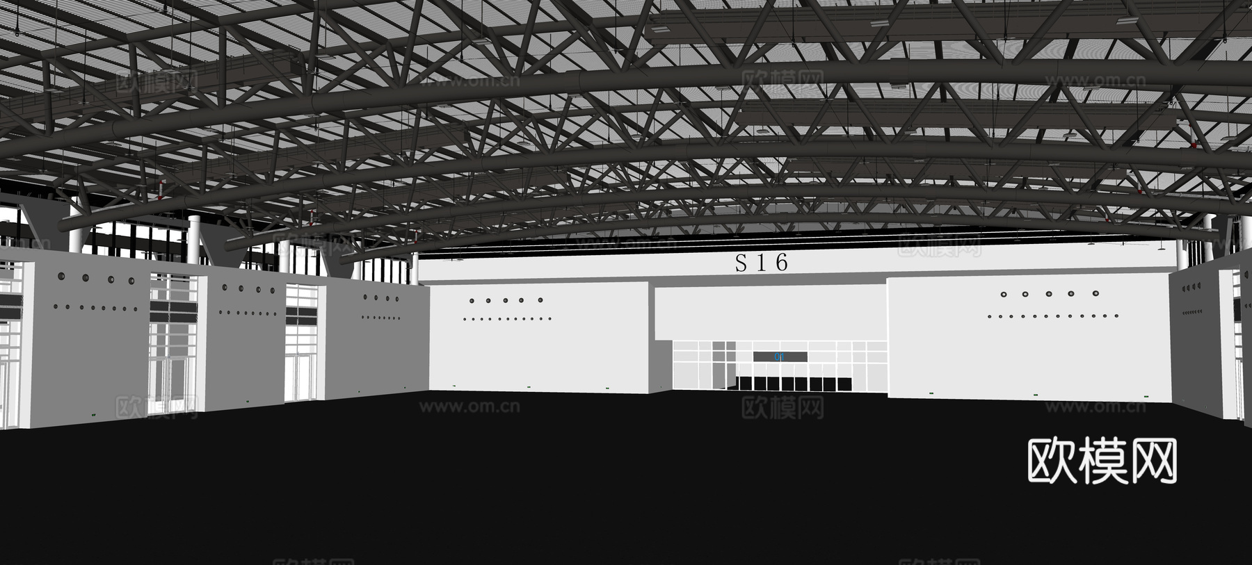 工厂内部 空白厂房板房 展馆展厅 钢筋拱形 工业园区门窗su模型