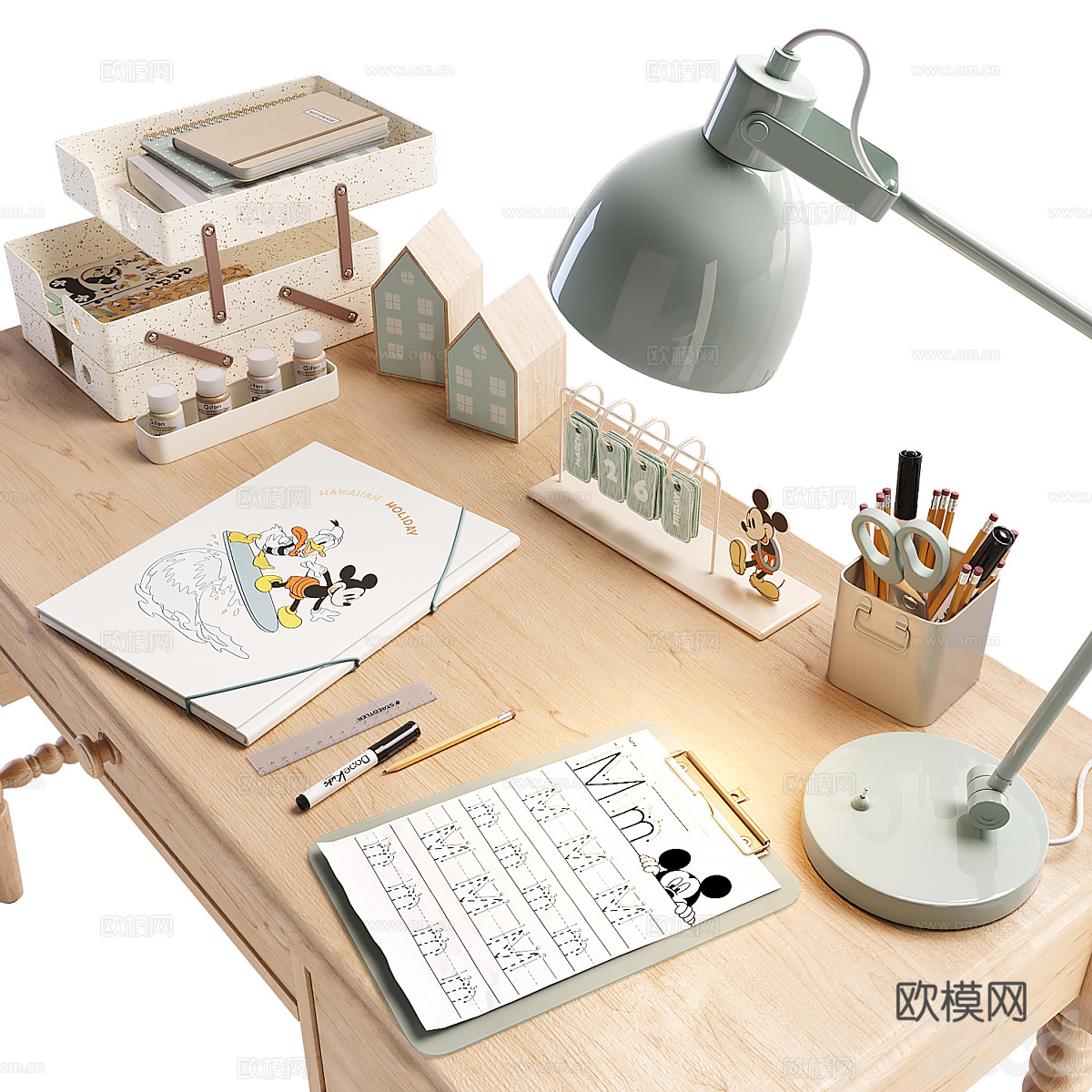 新中式原木风书桌椅组合3d模型