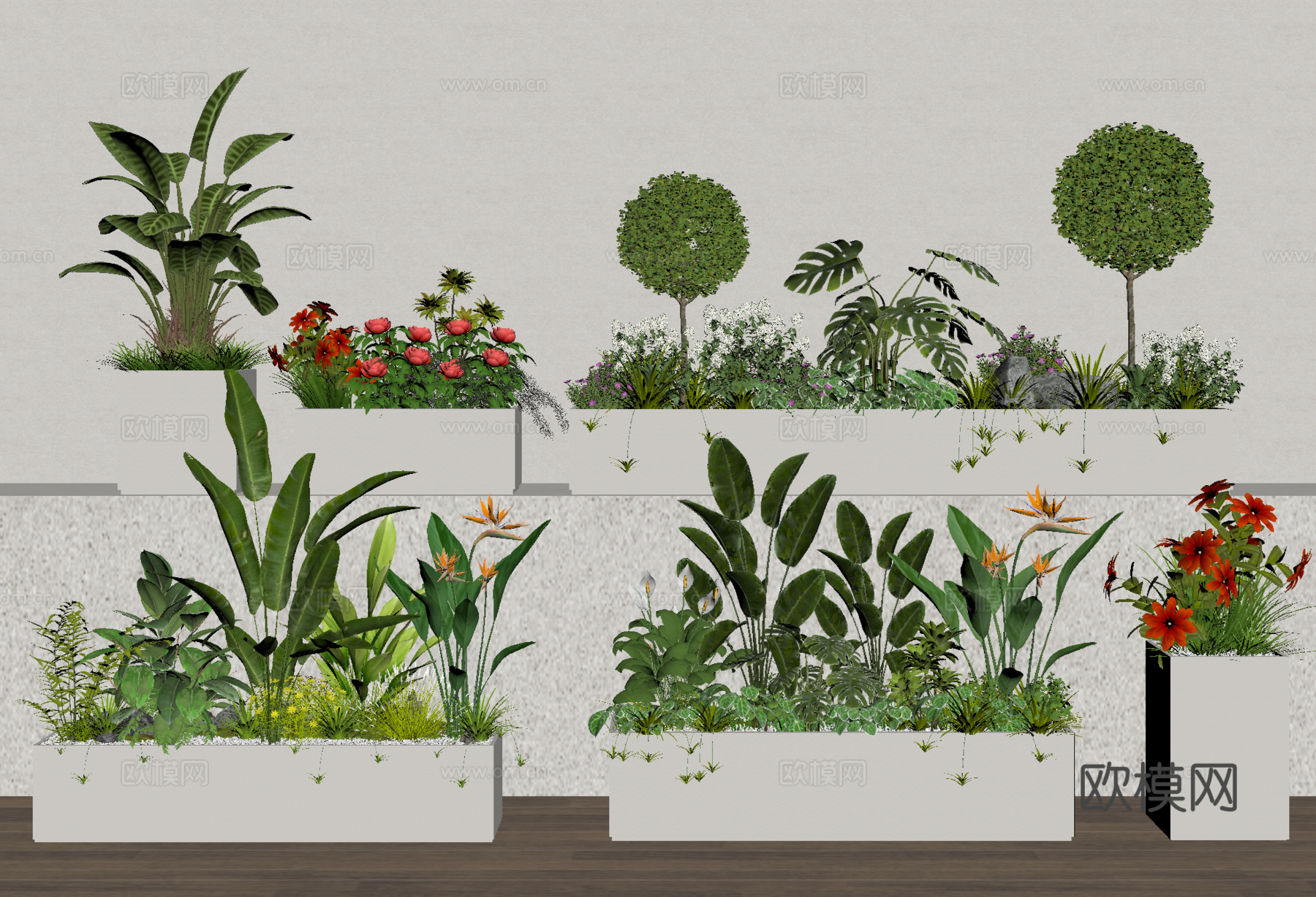 户外花箱 花槽 防腐木花箱 外摆植物su模型
