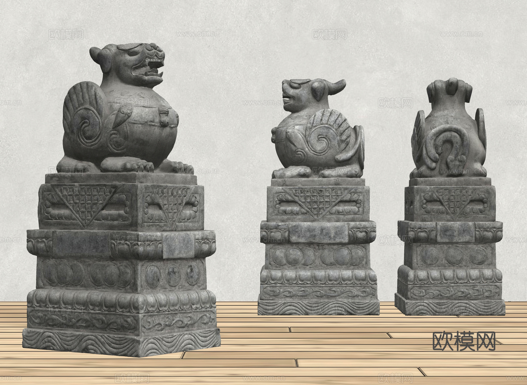 新中式石柱 中式仿古构件 抱鼓石 石鼓门墩 抱鼓门仿石 石墩su模型