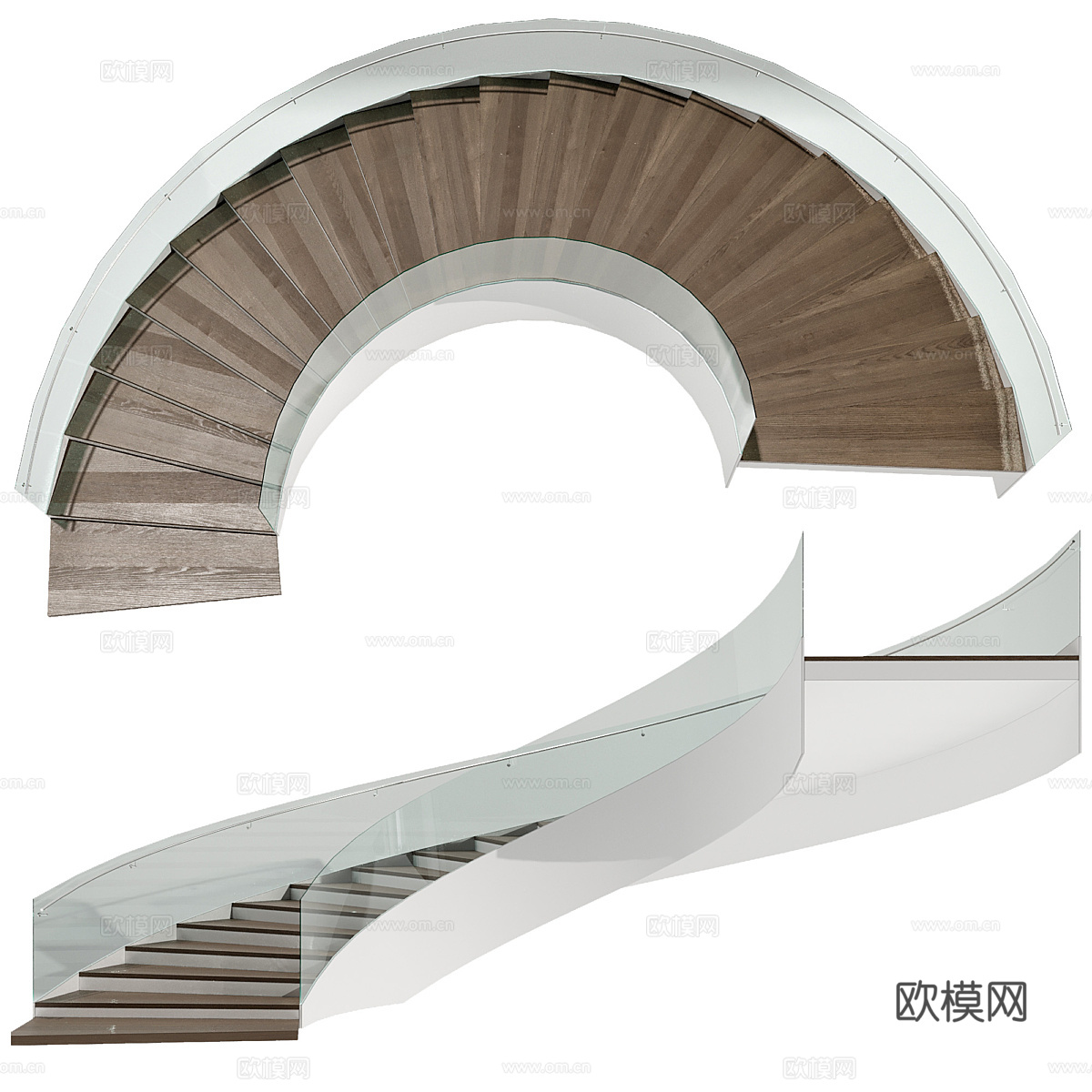 现代意式极简旋转玻璃扶手楼梯3d模型