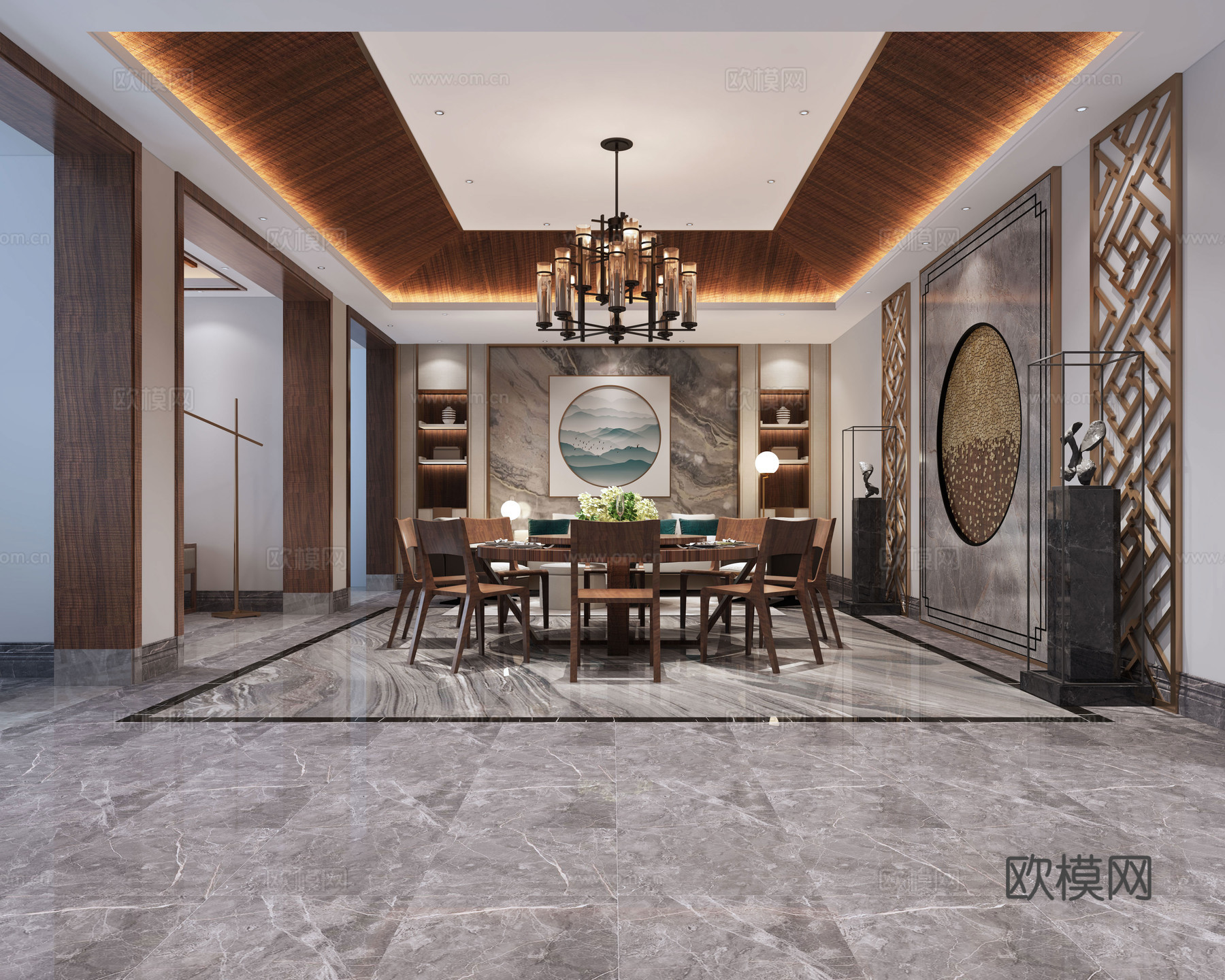新中式茶室 吊灯 餐桌椅3d模型
