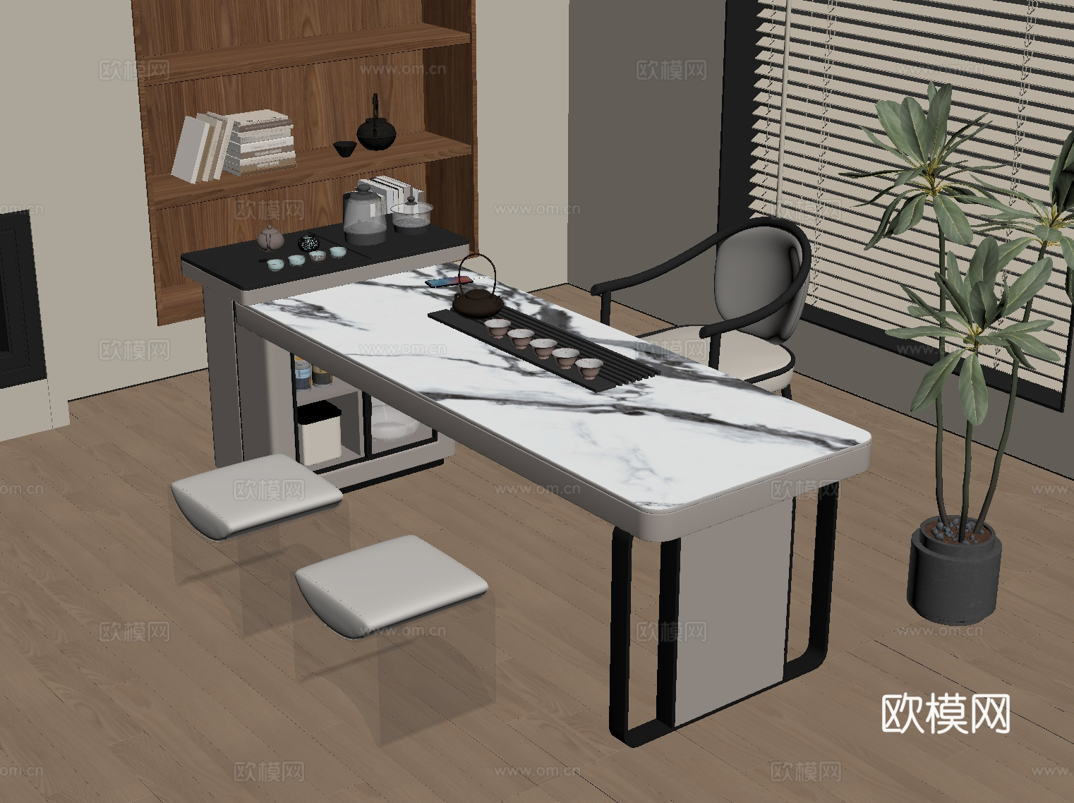 现代茶桌椅 茶具 茶椅su模型