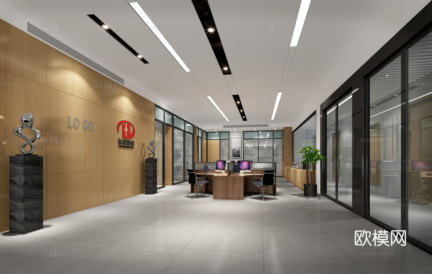现代公司前台开放办公区3d模型