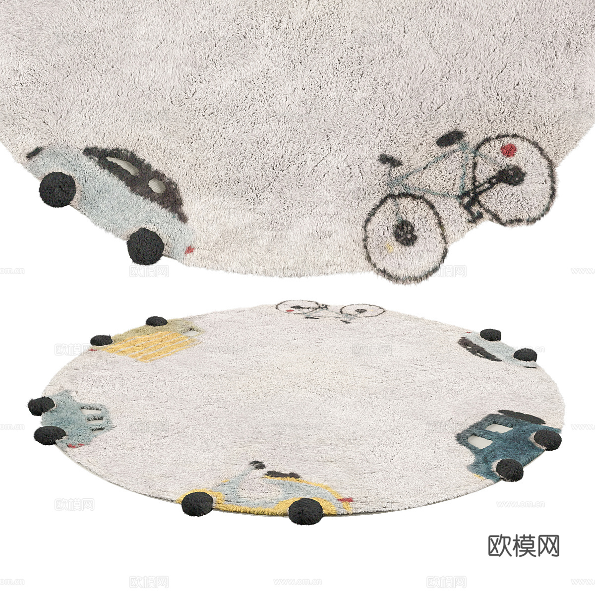 现代圆形地毯 车轮手簇圆形的孩子儿童地毯 汽车自行车图案地毯su模型