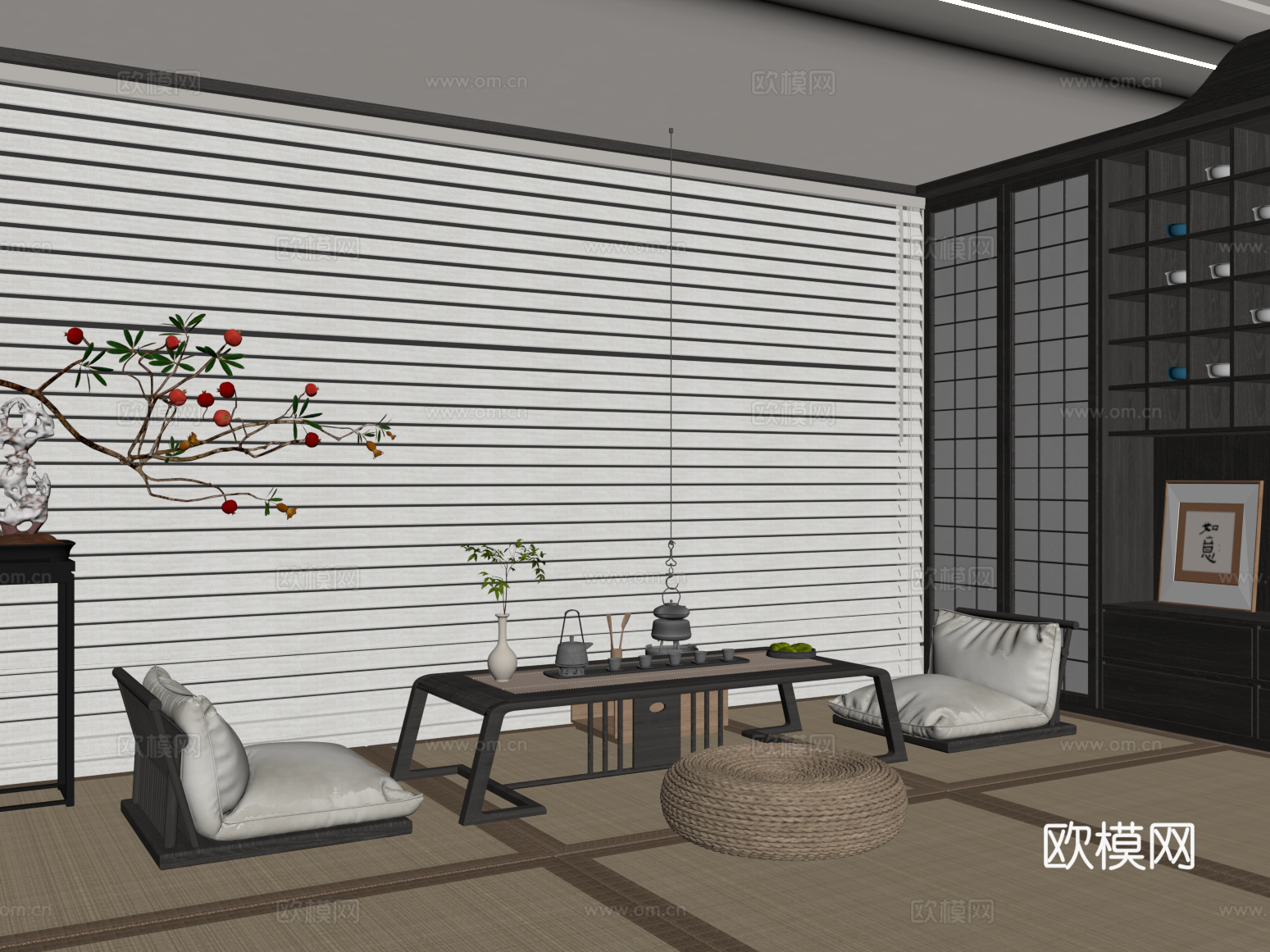 日式茶室 茶桌椅 茶具su模型