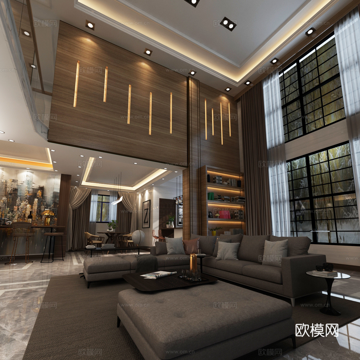 现代别墅客厅餐厅  沙发 茶几 吊灯 电视柜 边柜 餐桌椅3d模型