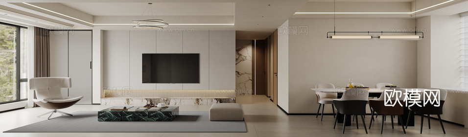 現(xiàn)代簡(jiǎn)約客餐廳3d模型下載(渲染圖1)