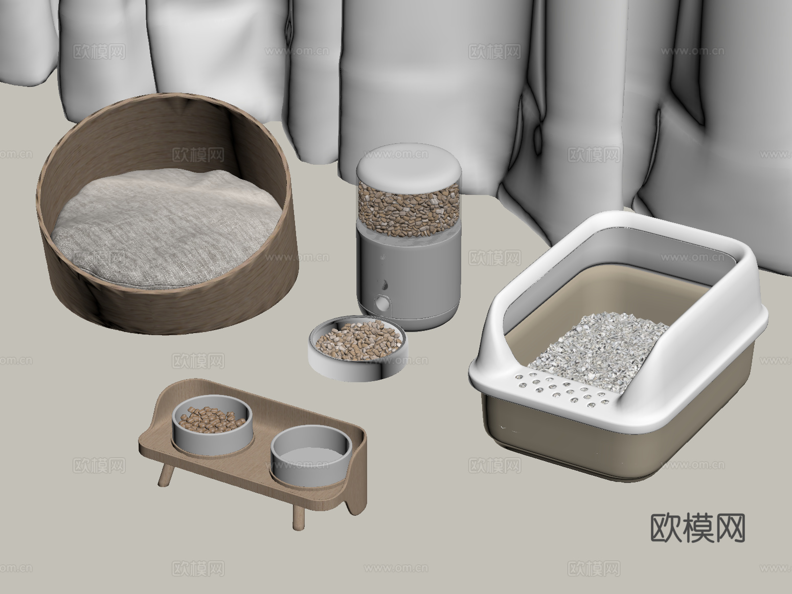 宠物用品 现代猫窝 猫砂盆 投喂器su模型