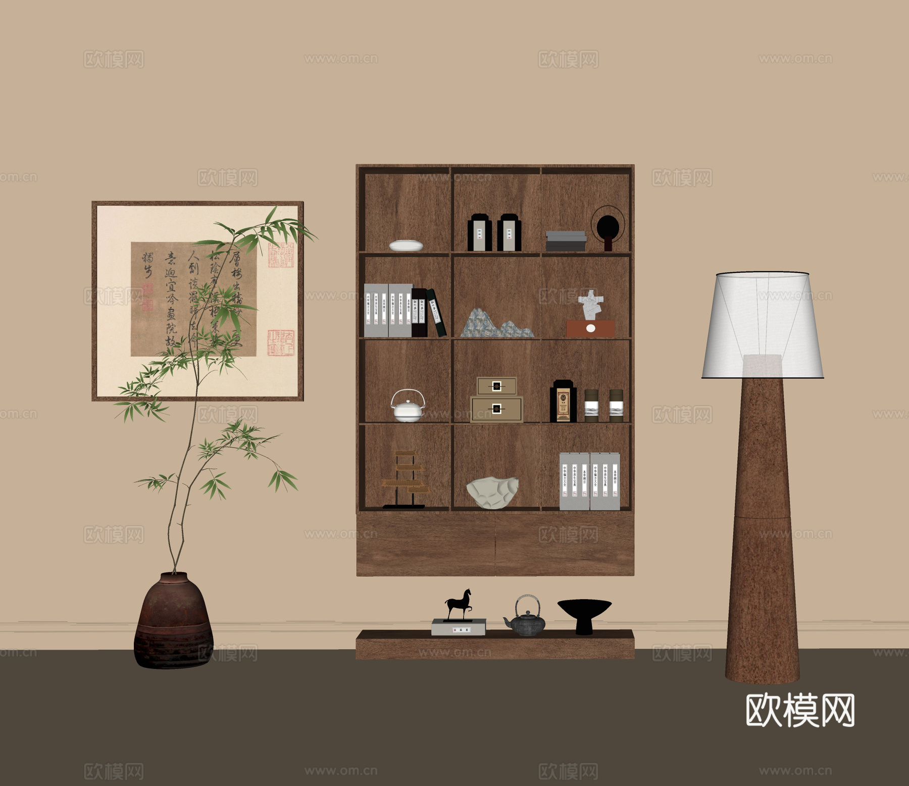 中古风装饰柜 落地灯 茶室柜 茶柜 盆栽 绿植su模型