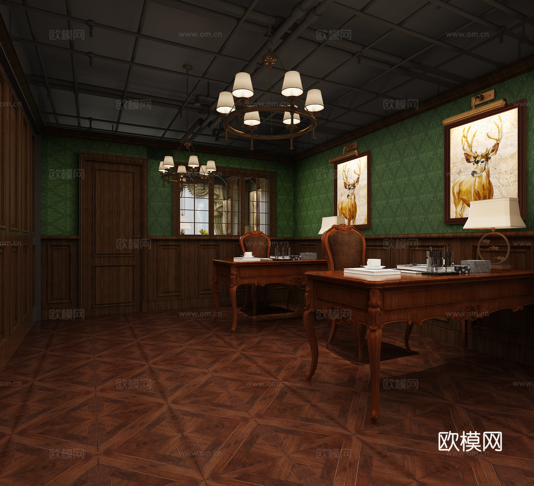 美式办公室 地板  台灯 挂画3d模型