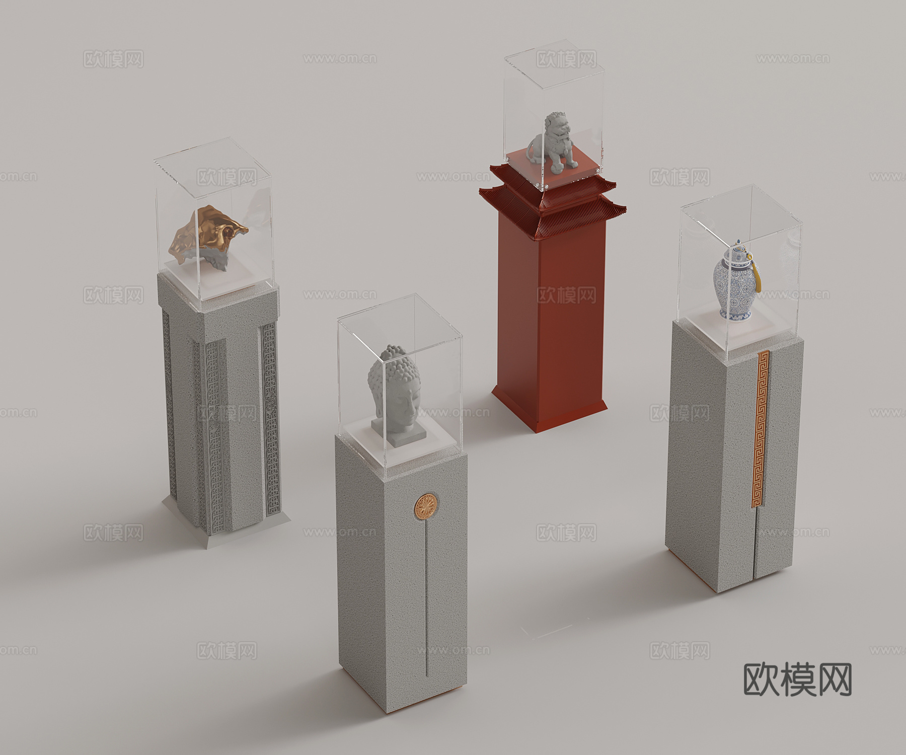 新中式展柜 陶瓷文物展柜su模型