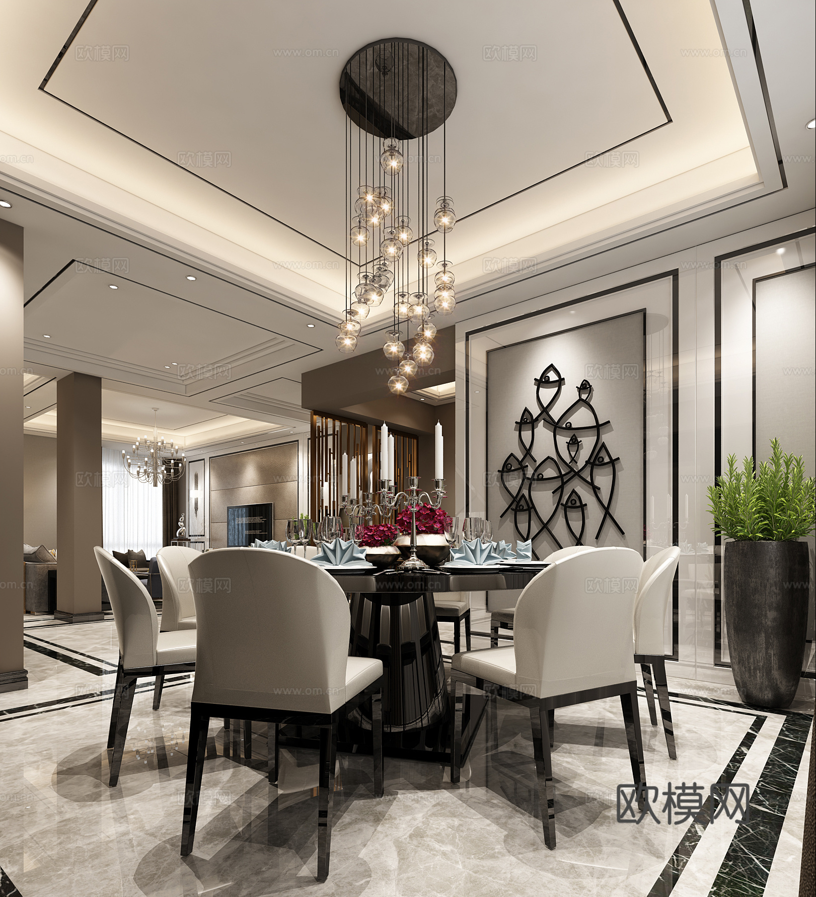 现代新中式客厅 餐厅 品茶区 沙发 背景墙 窗帘 灯具3d模型