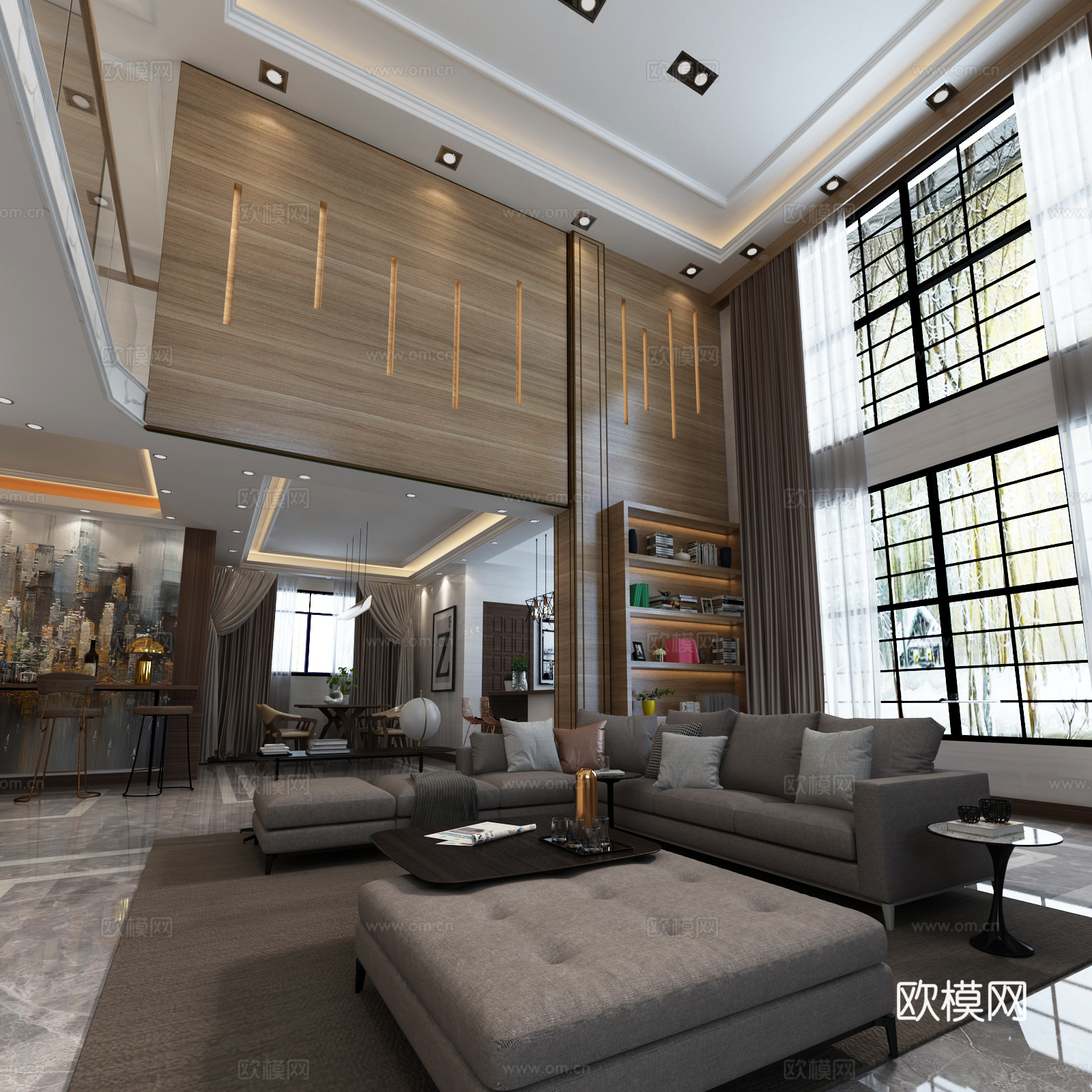 现代别墅客厅餐厅  沙发 茶几 吊灯 电视柜 边柜 餐桌椅3d模型