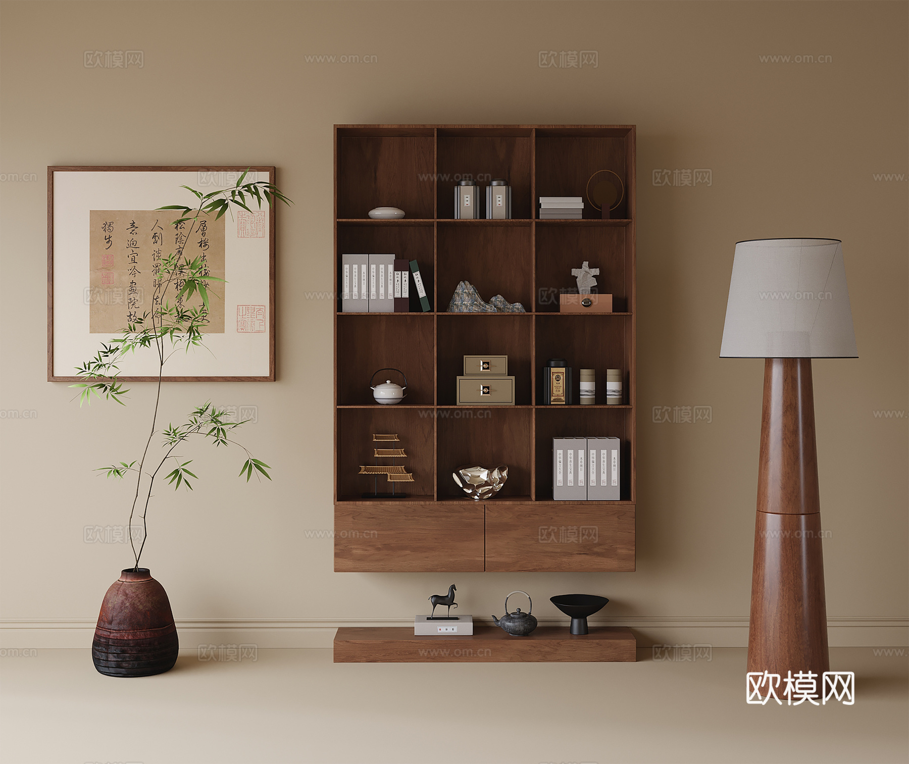 中古风装饰柜 落地灯 茶室柜 茶柜 盆栽 绿植su模型