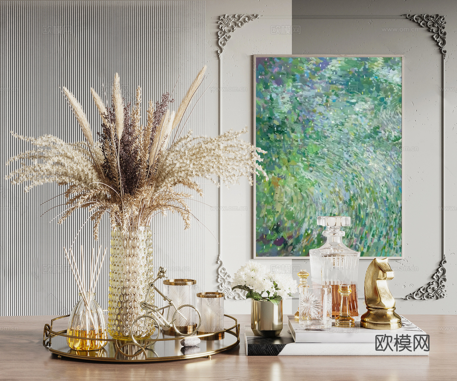 现代挂画摆件组合 插花酒水书籍饰品 玻璃花瓶金属摆件 奶油风3d模型